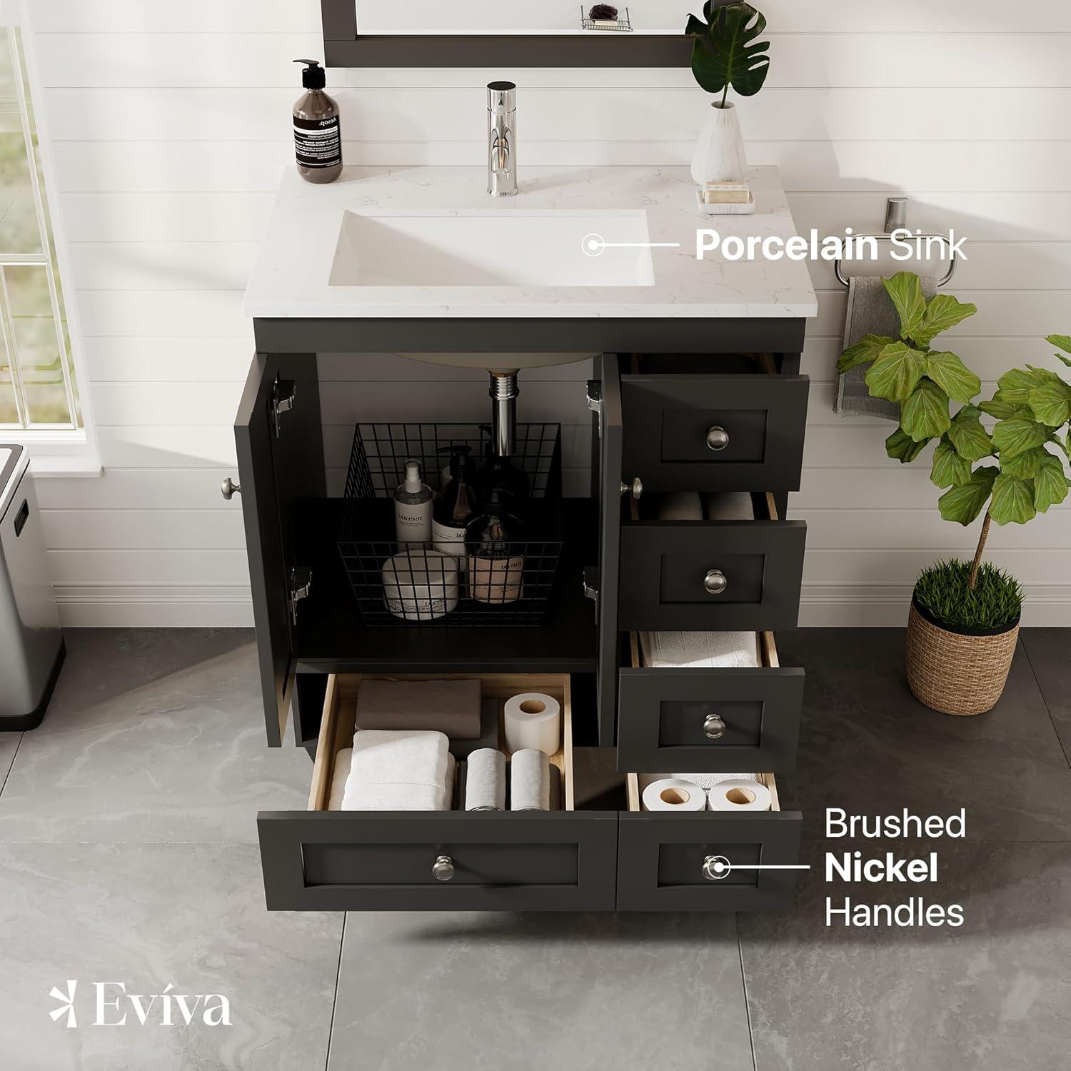 Eviva Acclaim C. 28" Transitional Espresso Bathroom Vanity with White Carrara Quartz Countertop
