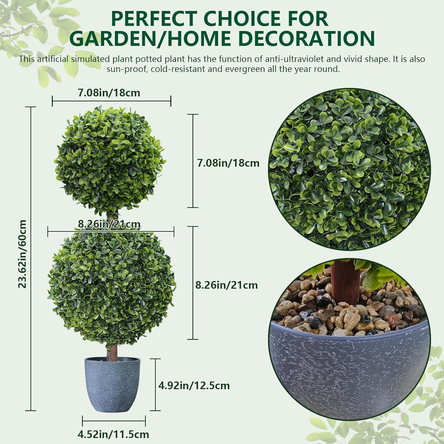 22’’ Faux Boxwood Topiary Ball Tree Set of 2, Artificial Plants Outdoor Weather Resistant, Cement-Filled Potted Bushes, Evergreen Topiary Trees Artificial for Porch Decoration Indoor Outdoor