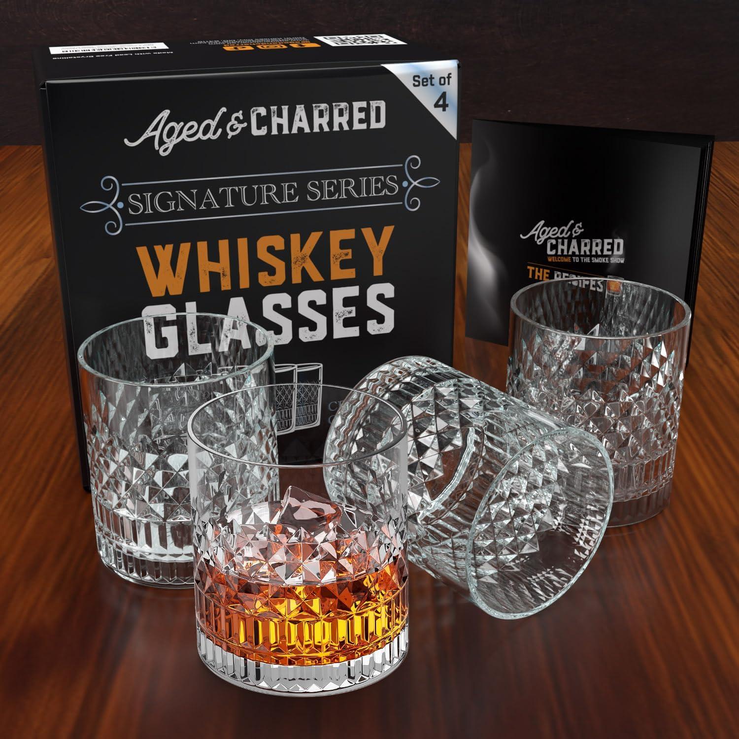 Aged & Charred Premium Crystalline Whiskey Glasses Set of 4 - Sophisticated Design for Scotch, Bourbon & Whisky Enthusiasts - Elegant Gift Box