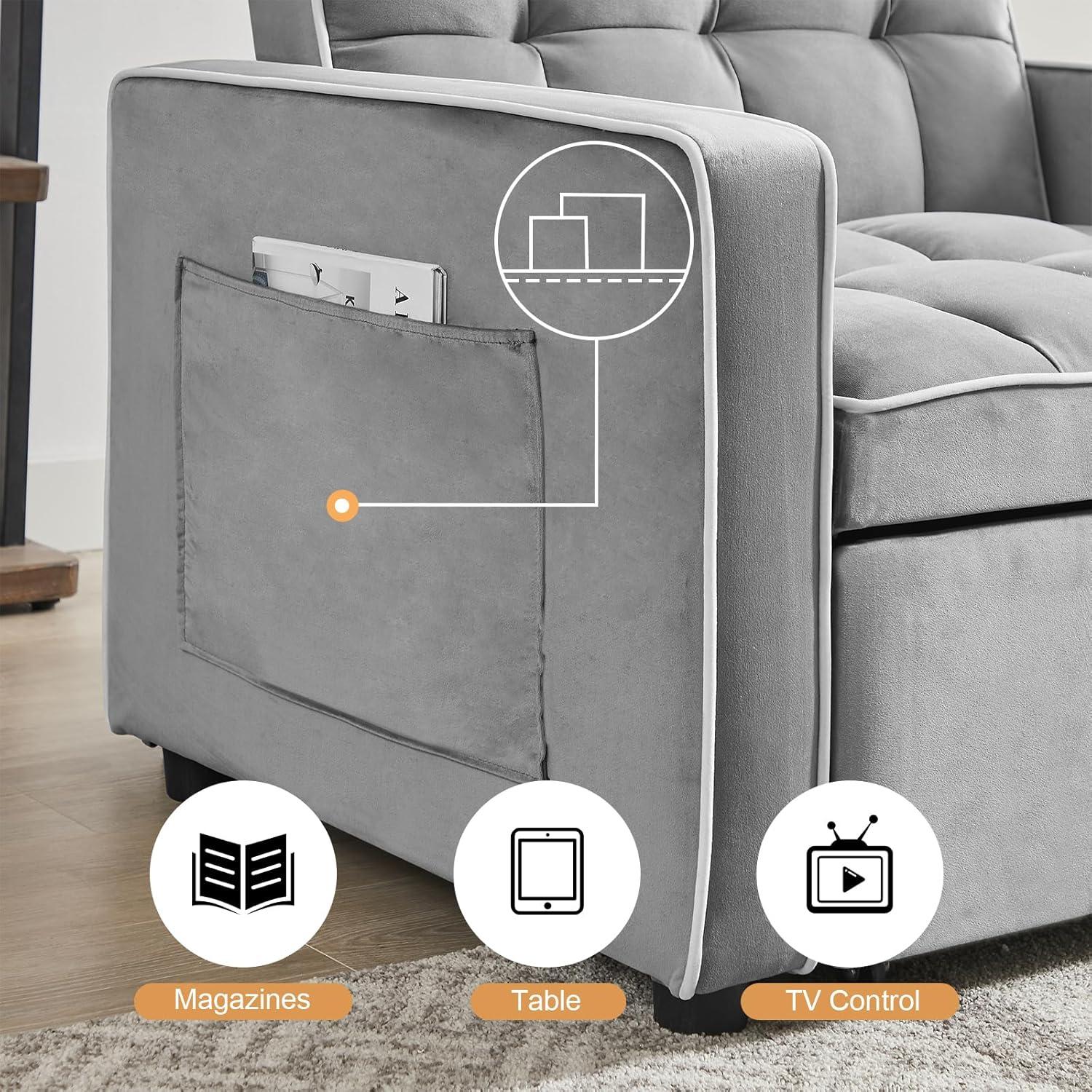 Muumblus Sleeper Sofa Chair Bed, 3-in-1 Convertible Sofa Chair, Modern Adult Velvet Chaise Lounge for Living Room, Gray