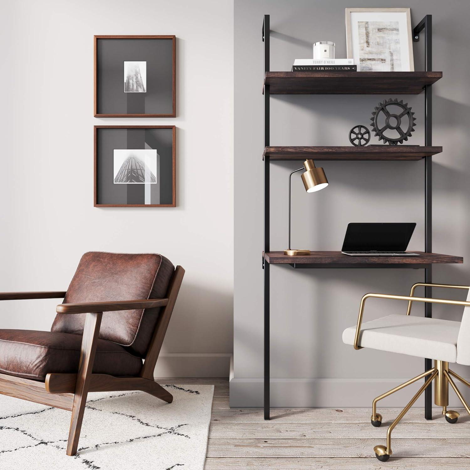 Theo 2-Shelf Industrial Wall Mount Ladder Table, Small Computer Desk, Nutmeg/Matte Black