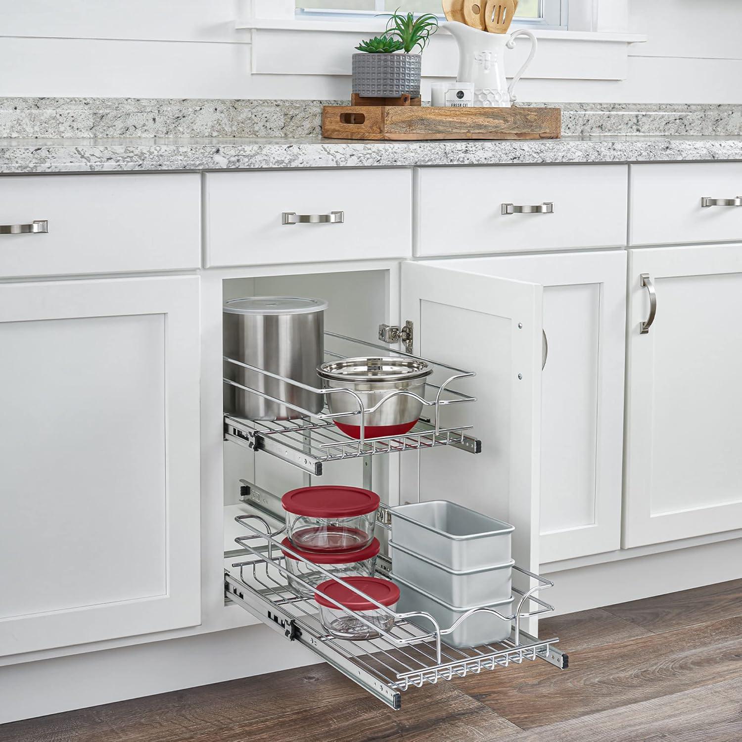 Rev-A-Shelf 5WB2 2-Tier Wire Basket Pull Out Shelf Storage for Kitchen Base Cabinet Organization, Chrome