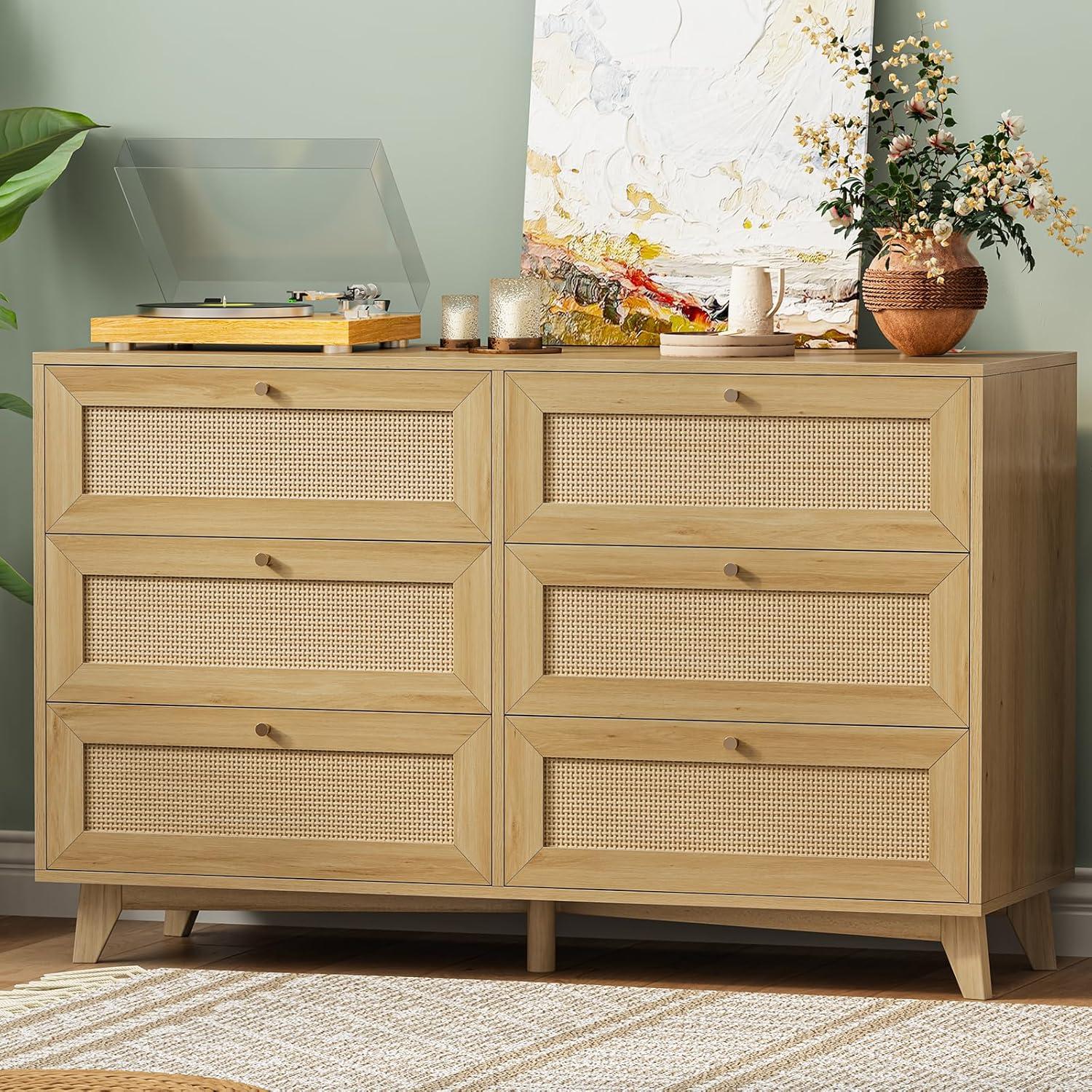 Natural Rattan and Wood Double Dresser with Six Drawers