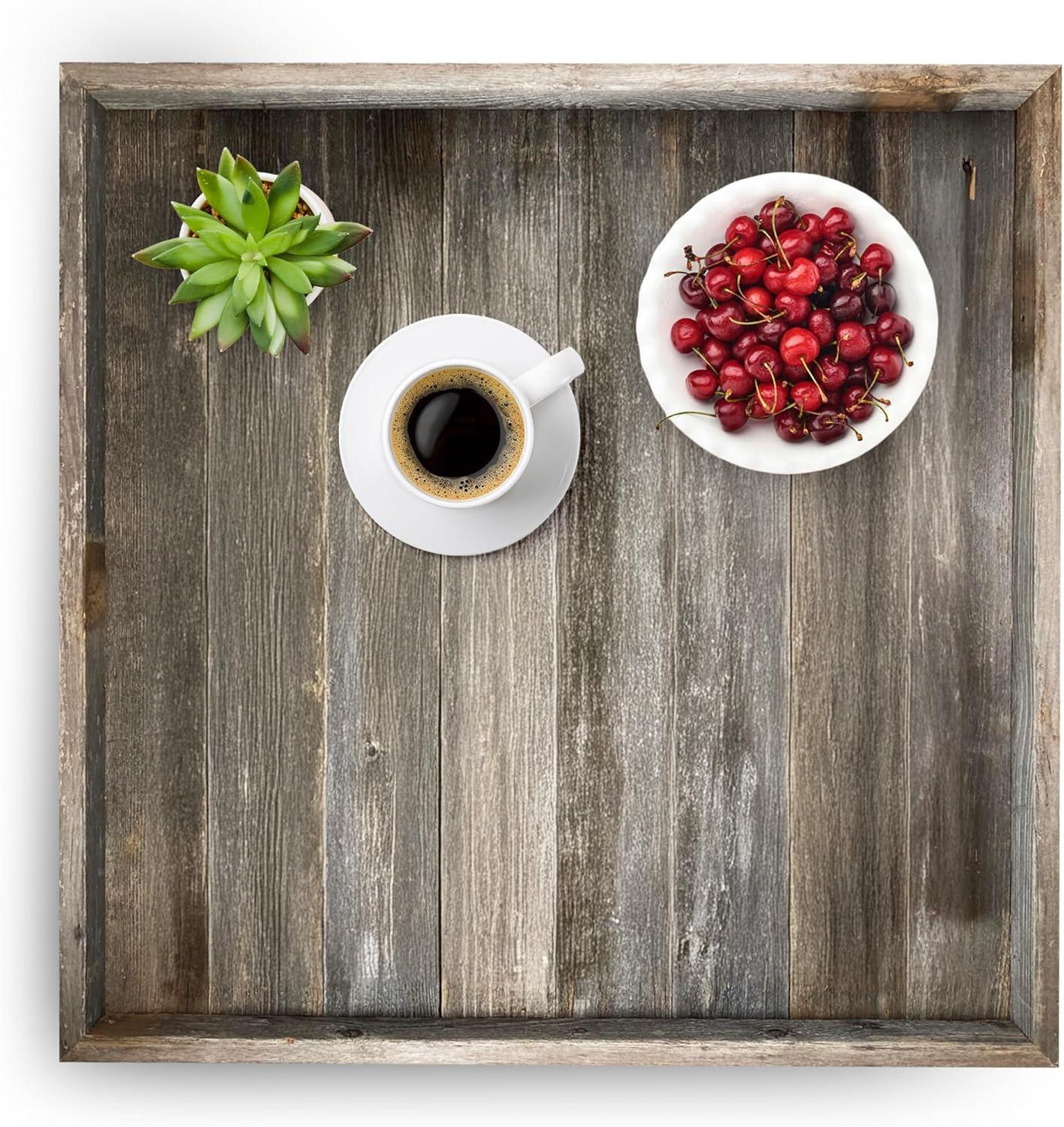 Wooden Ottoman Tray with Felt Pad – Decorative Couch Serving Tray Made with Real Rustic Reclaimed Wood - Perfect for Living Room Ottomans, Sofas, & Coffee Tables -24" x 24" - Natural Weathered Gray