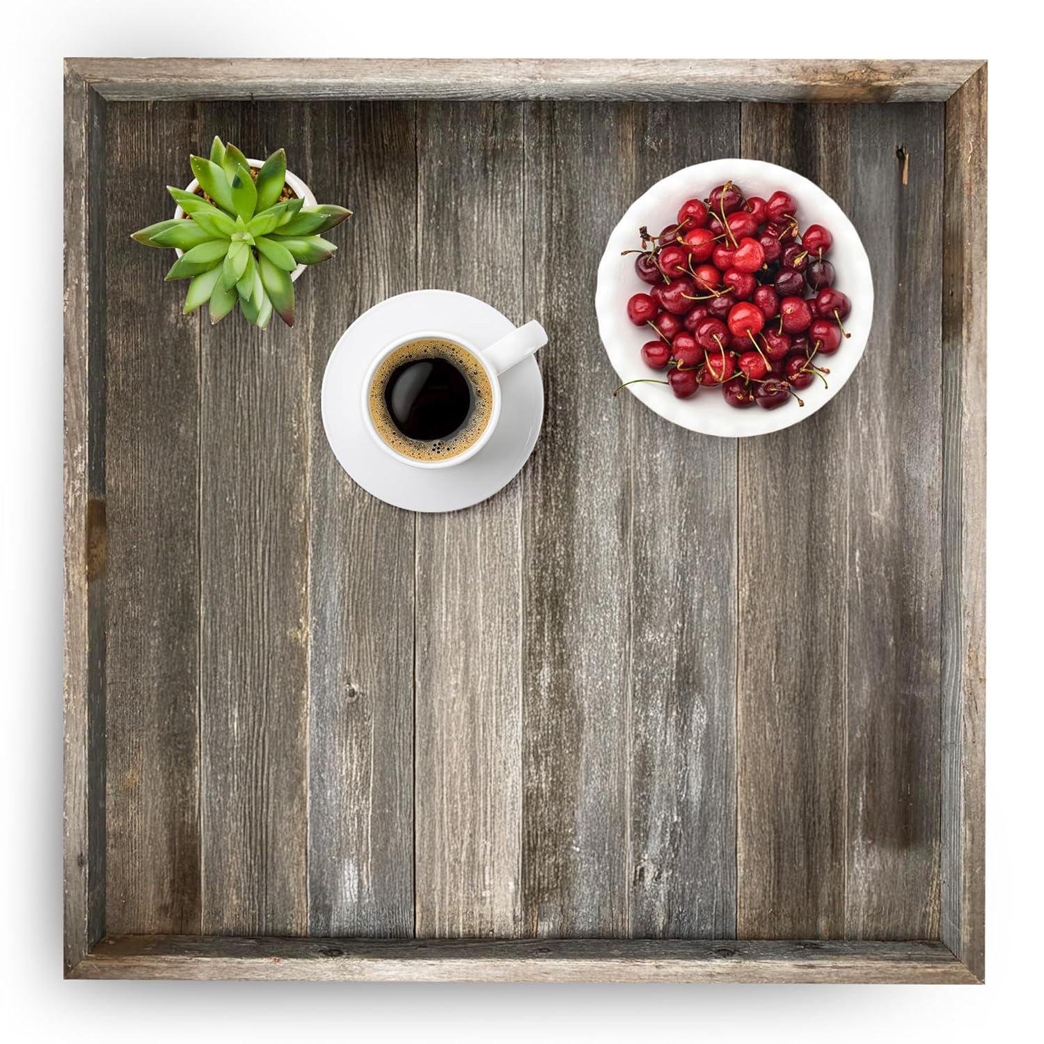 Wooden Ottoman Tray with Felt Pad – Decorative Couch Serving Tray Made with Real Rustic Reclaimed Wood - Perfect for Living Room Ottomans, Sofas, & Coffee Tables -24" x 24" - Natural Weathered Gray