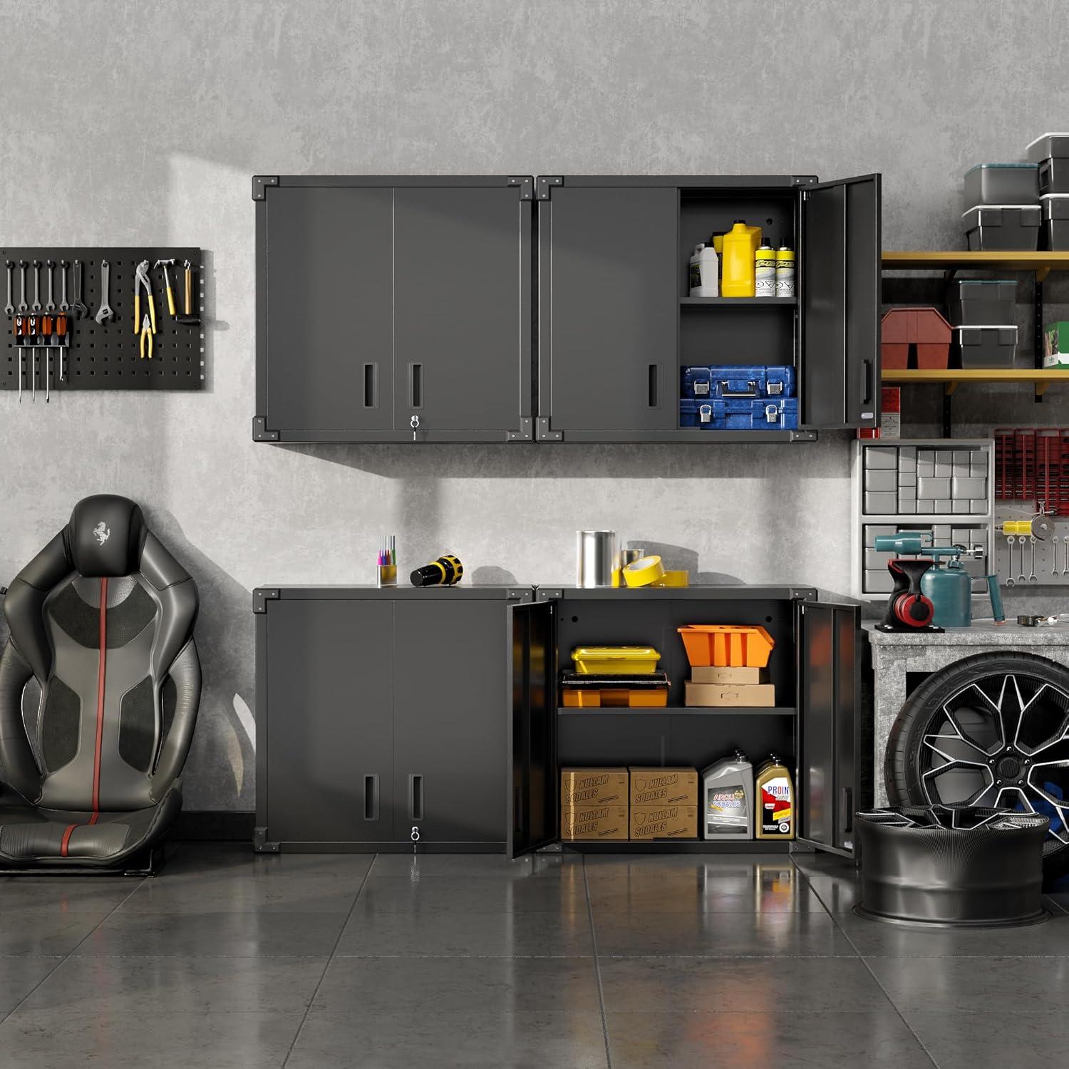 AOBABO Metal Garage Wall Mounted Storage Cabinet with Locking Door, Shelf, and Opened Drawer for Warehouse and Office Organization, Black