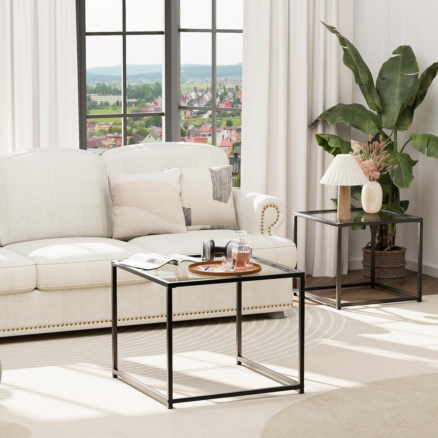 VILAWLENCE Coffee Table Set of 2, Modern Black Patterned Glass Side Table, Metal Frame Square End Table, Center Tables Nesting Coffee Table for Living Room,Bedroom and Small Spaces