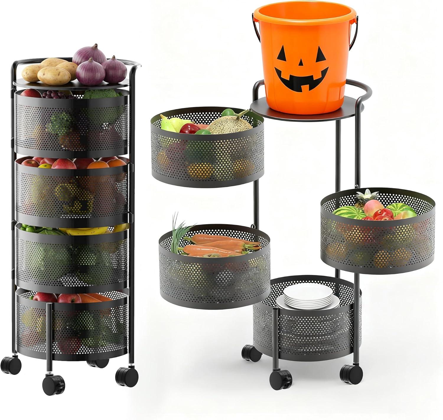 Rotating Kitchen Storage Rack No Assembly, 4-Tier Metal Storage Tower Basket Shelves Organizer on Rolling Wheels with Removal Drawers for Fruit Vegetable Grocery Corns Potato Onion (4-Tier, Black)