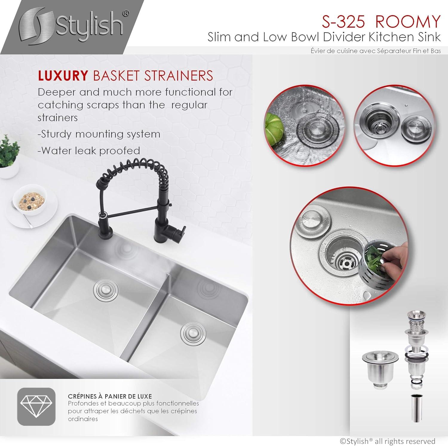 STYLISH 32 inch Low Divider 60/40 Double Bowl Undermount Kitchen Sink