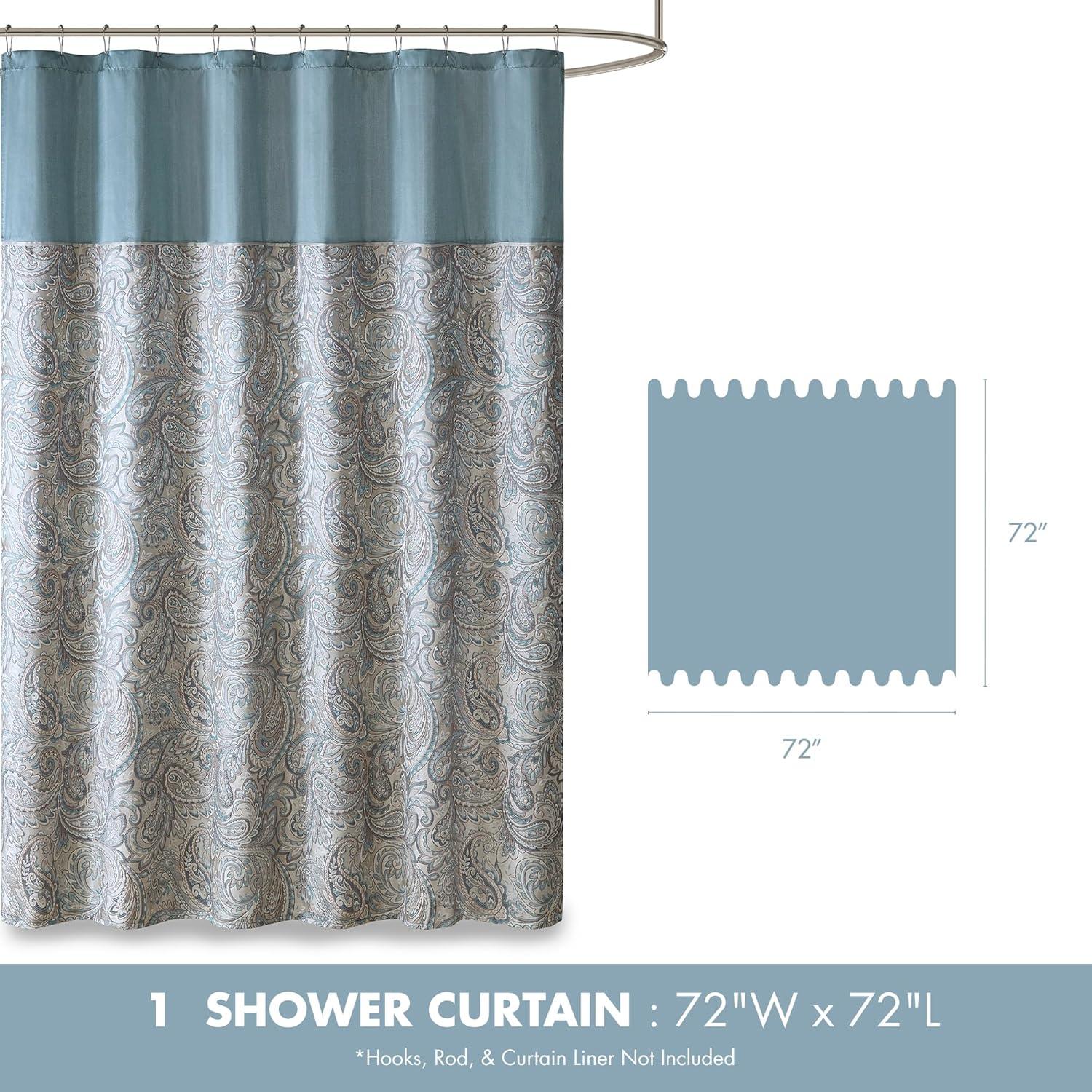 Aubrey Shower Curtain Paisley Jacquard Pieced Microfiber Faux Silk Modern Home Bathroom Decorations Bathtub Privacy Screen, 72X72, Teal