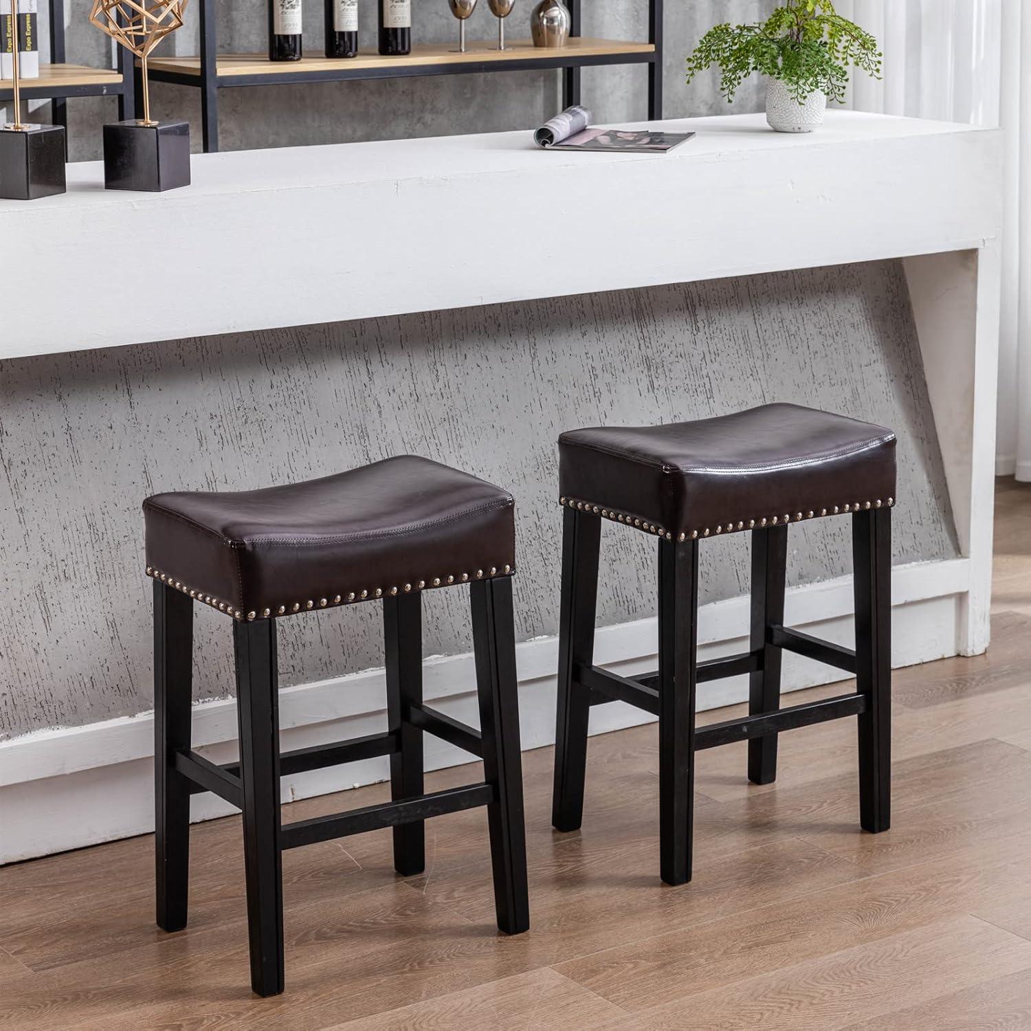 Bar Stools Set of 2, 26" Faux PU Leather Upholstered Counter Height Backless Saddle Stools with Nailhead Trims and Solid Wood Legs Farmhouse Island Chairs for Kitchen Dining Room Pub, Gray