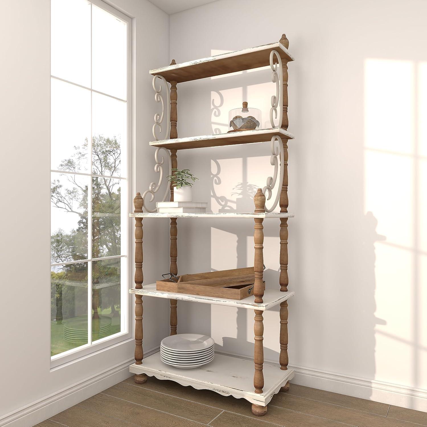 75" x 32" Farmhouse Wood Shelving Unit Off White - Olivia & May: 5-Tier Storage Bookcase