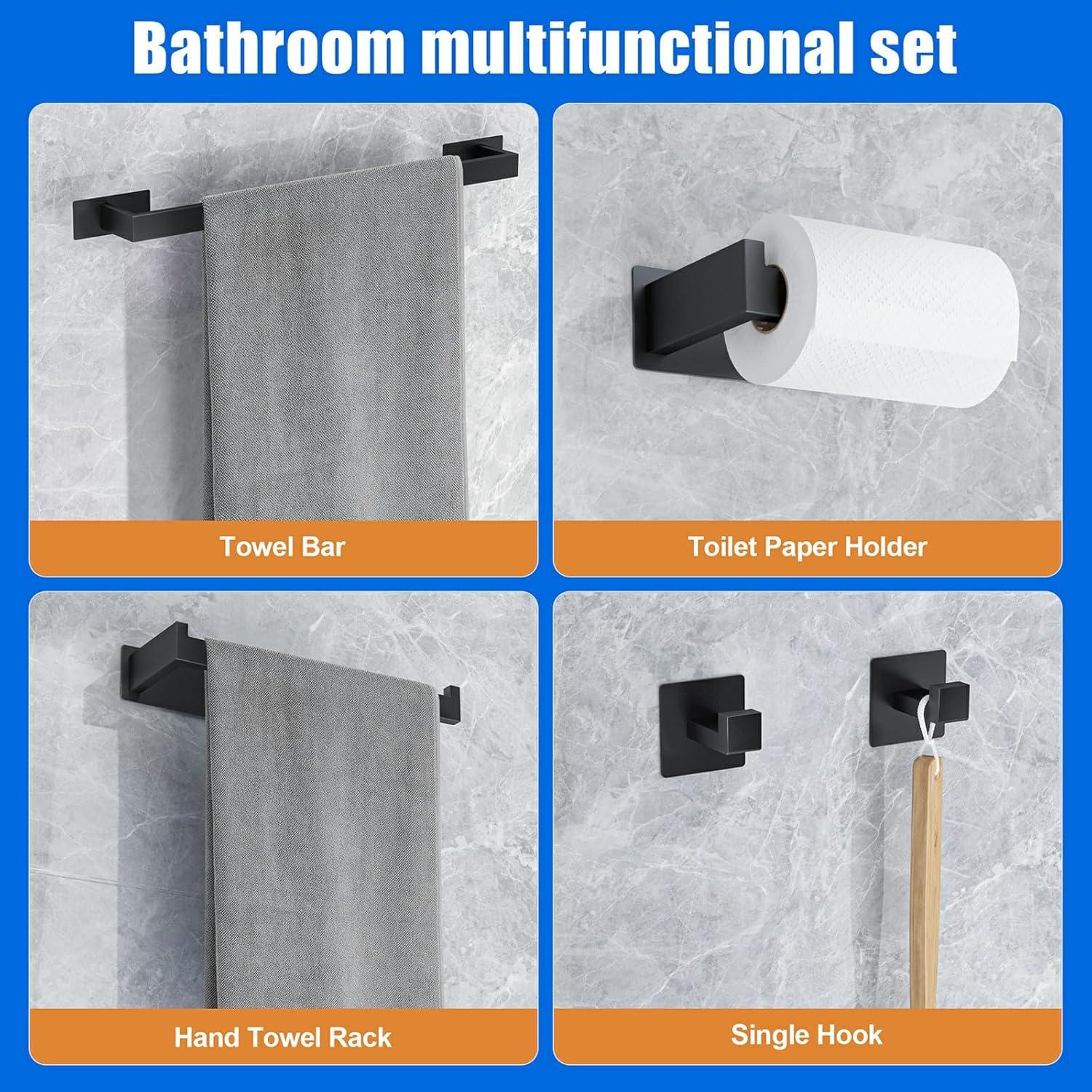 BWE 5-Piece Bath Hardware Set with Towel Bar/Rack, Towel/Robe Hook, Toilet Paper Holder