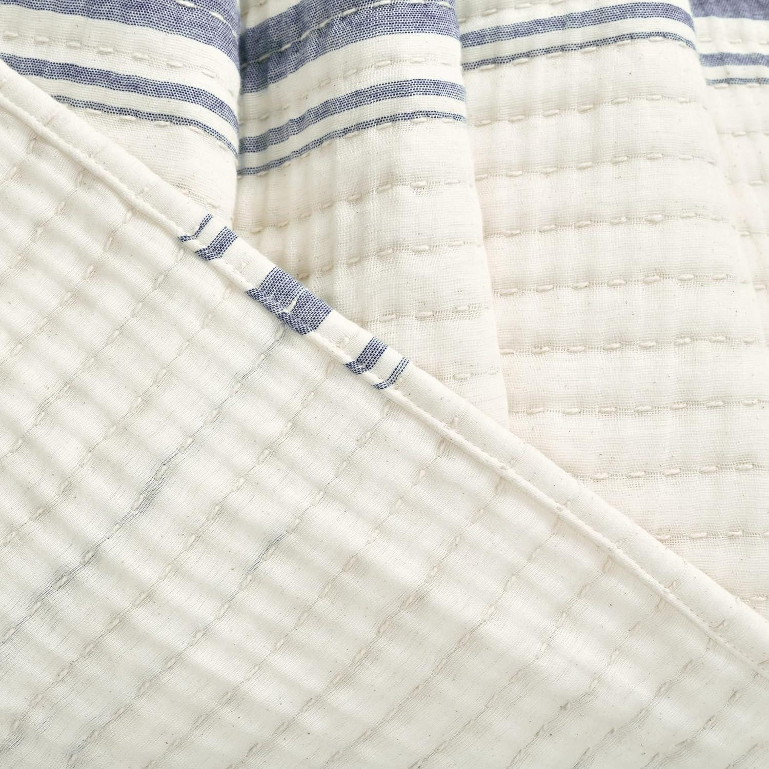 Lush Decor Farmhouse Stripe Kantha Pick Stich Yarn Dyed Cotton Woven Throw Reversible Ticking Pinstripe Design Blanket, 50" x 60", Navy