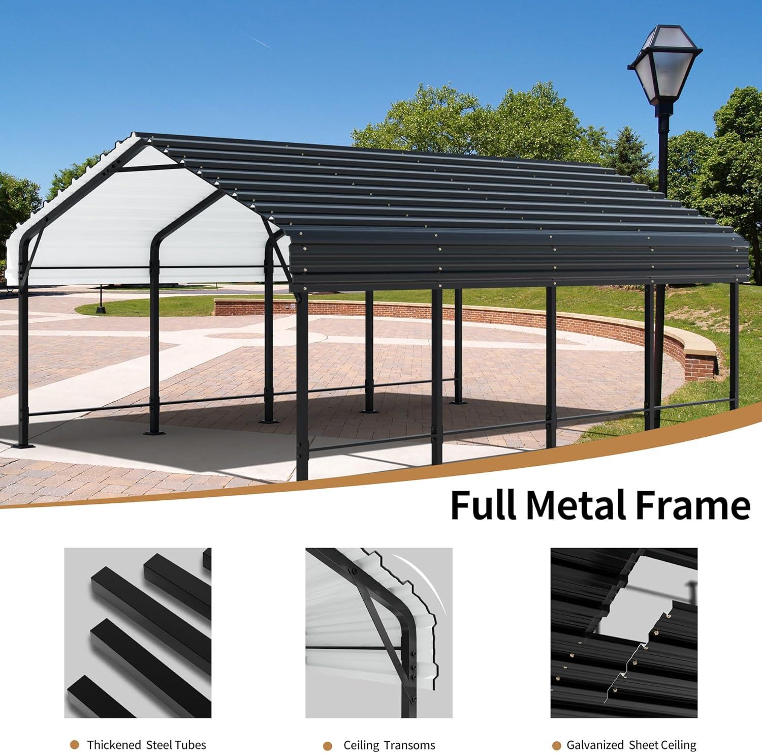 12' x 20' Gray Metal Carport with Galvanized Steel Roof