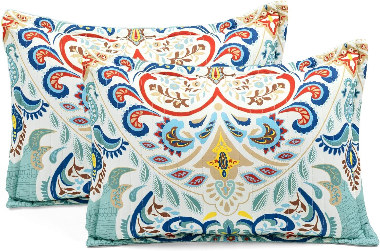 Boho Chic Reversible Oversized Cotton Quilt Seafoam/Red 3Pc Set Full/Queen