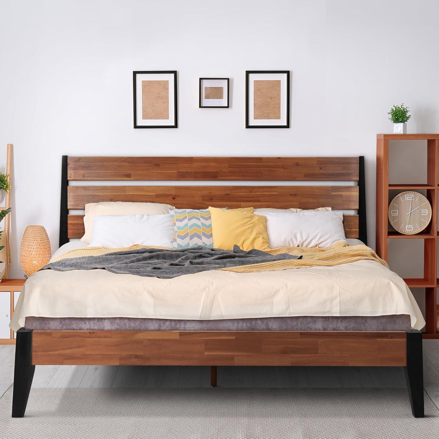 Acacia Premium Emery Solid Wood Platform Bed Frame with Headboard Included, No Box Spring Needed, Weight Capacity 800lb.