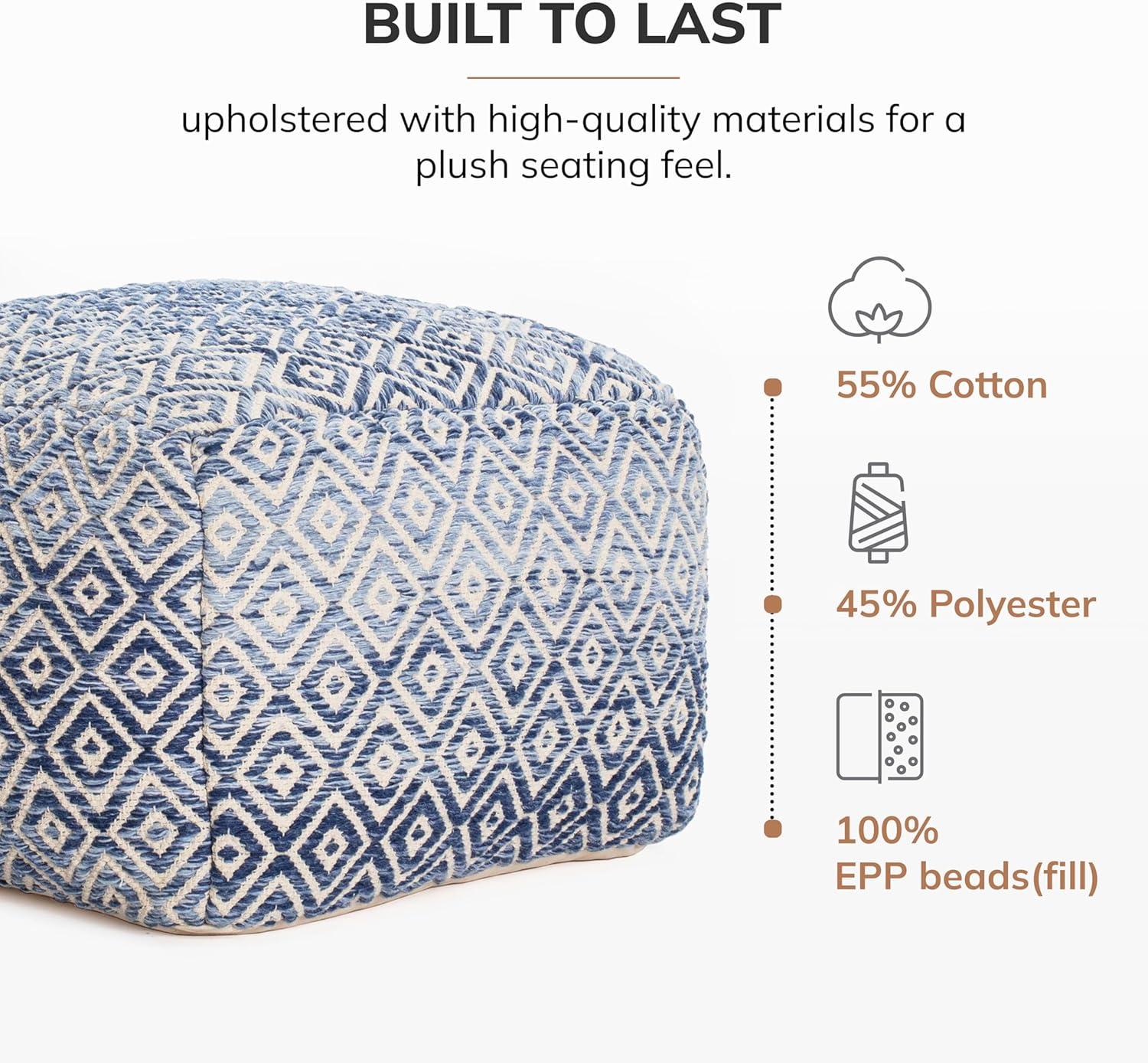 Chero Distressed Diamond 22" Square Pouf Ottoman Blue and Beige