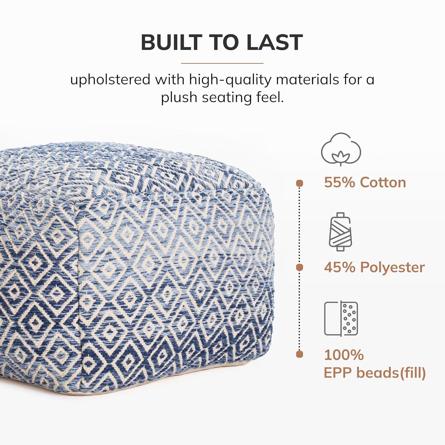 Chero Distressed Diamond 22" Square Pouf Ottoman Blue and Beige