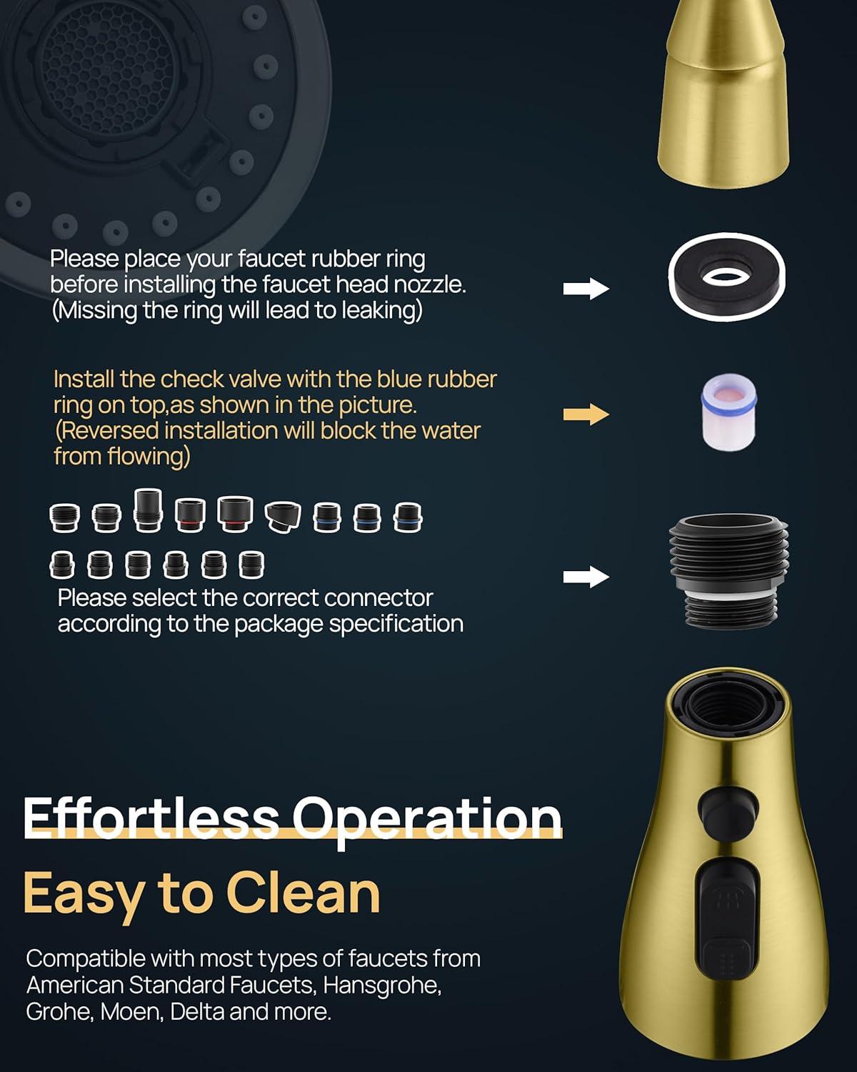 Kitchen Faucet Sprayer Head Replacement - Pull Down Faucet Spray Head with 11 Adapters, Pull Out Faucet Sprayer Nozzle, 3 Function Kitchen Tap Spray Spout Part Connector, Brushed Gold