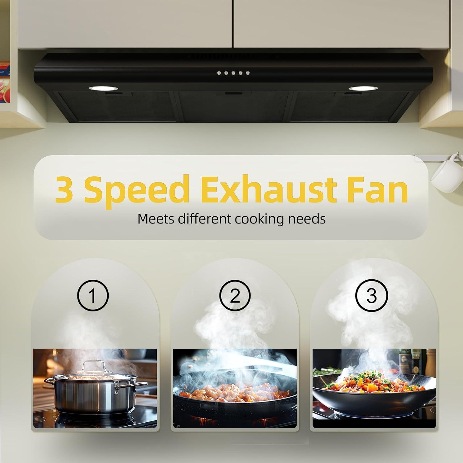 FIREGAS 36 inch Under Cabinet Range Hood 300CFM with Ducted/Ductless Convertible, Slim Kitchen Over Stove Vent, 3 Speed Exhaust Fan, Reusable Aluminum Filters, Push Button, Black