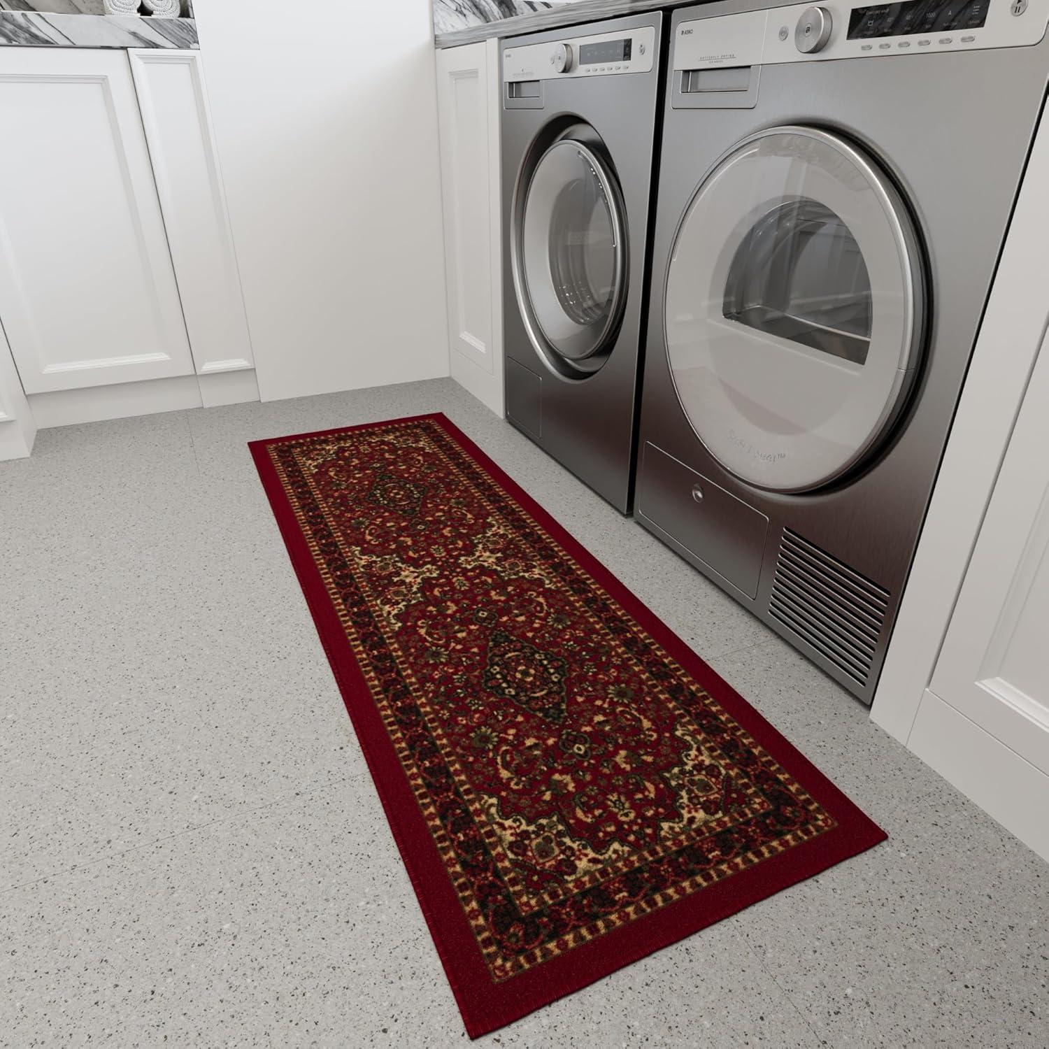 Ottohome Non-Slip Medallion Oriental Area Rug For Living Room, Hallway, Entryway Rug, Dark Red