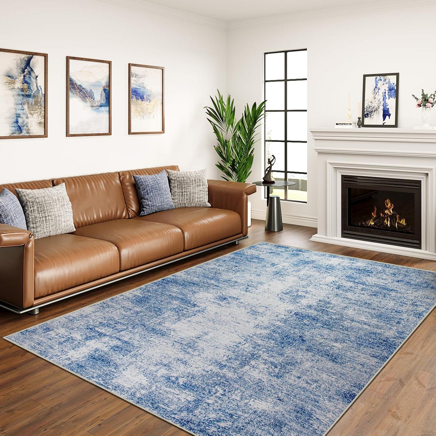 Garvee 5'x7' Modern Blue Abstract Area Rug Machine Washable Contemporary Rug Soft Foldable Thin Accent Rug Anti-Slip Non-Shedding Floor Carpet