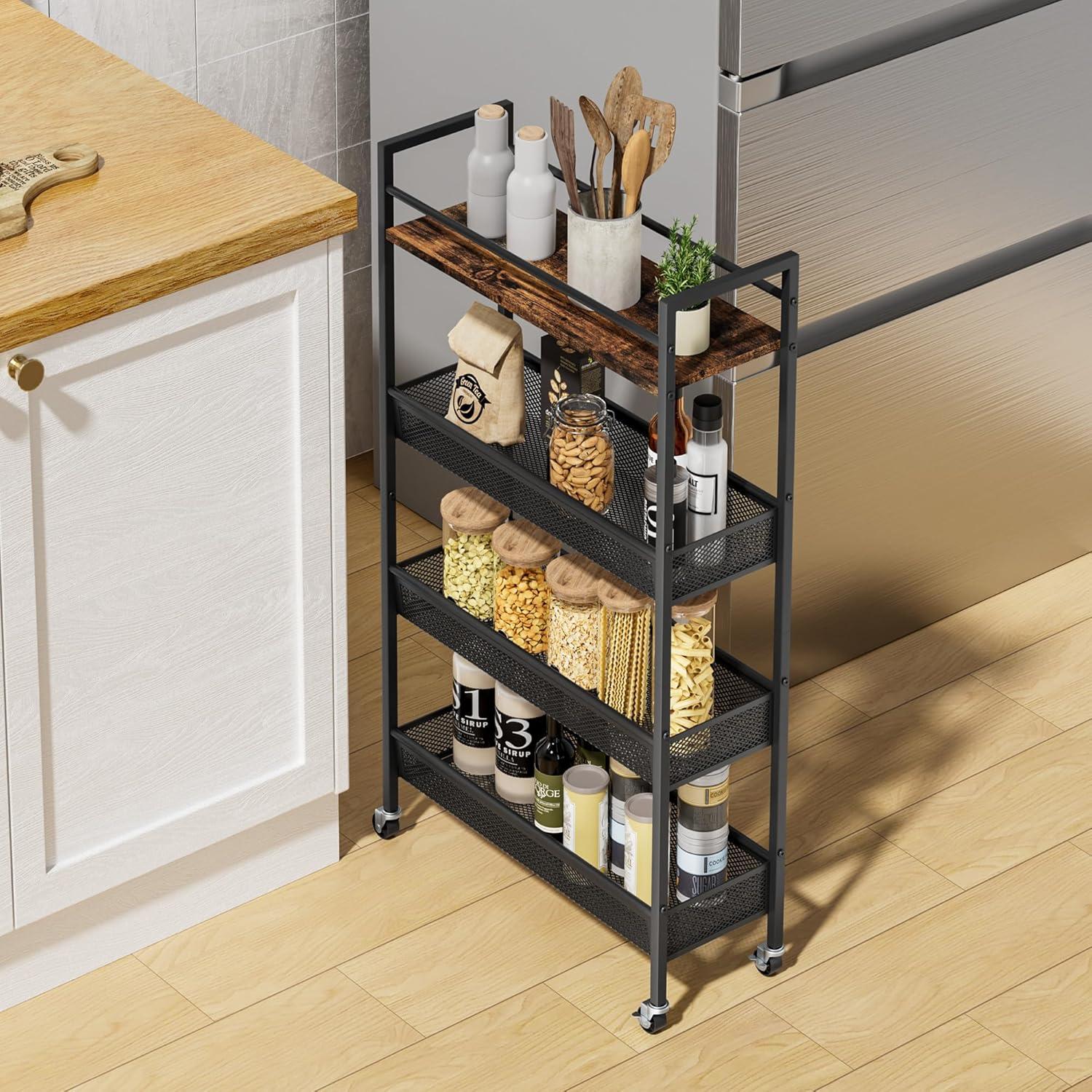 Slim Black Metal and Wood 4-Tier Kitchen Cart