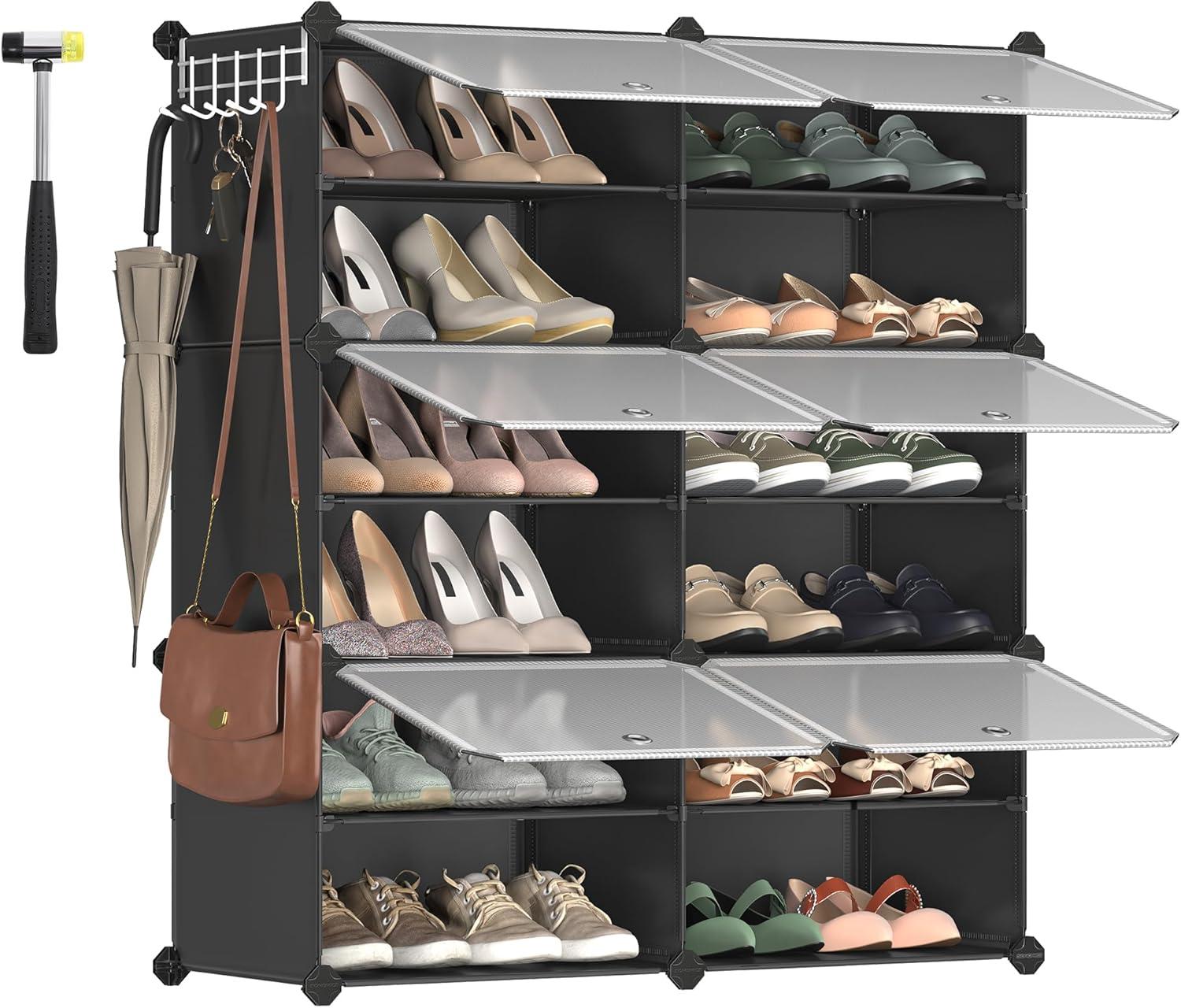 Black 6-Cube Plastic and Metal Shoe Organizer with Doors