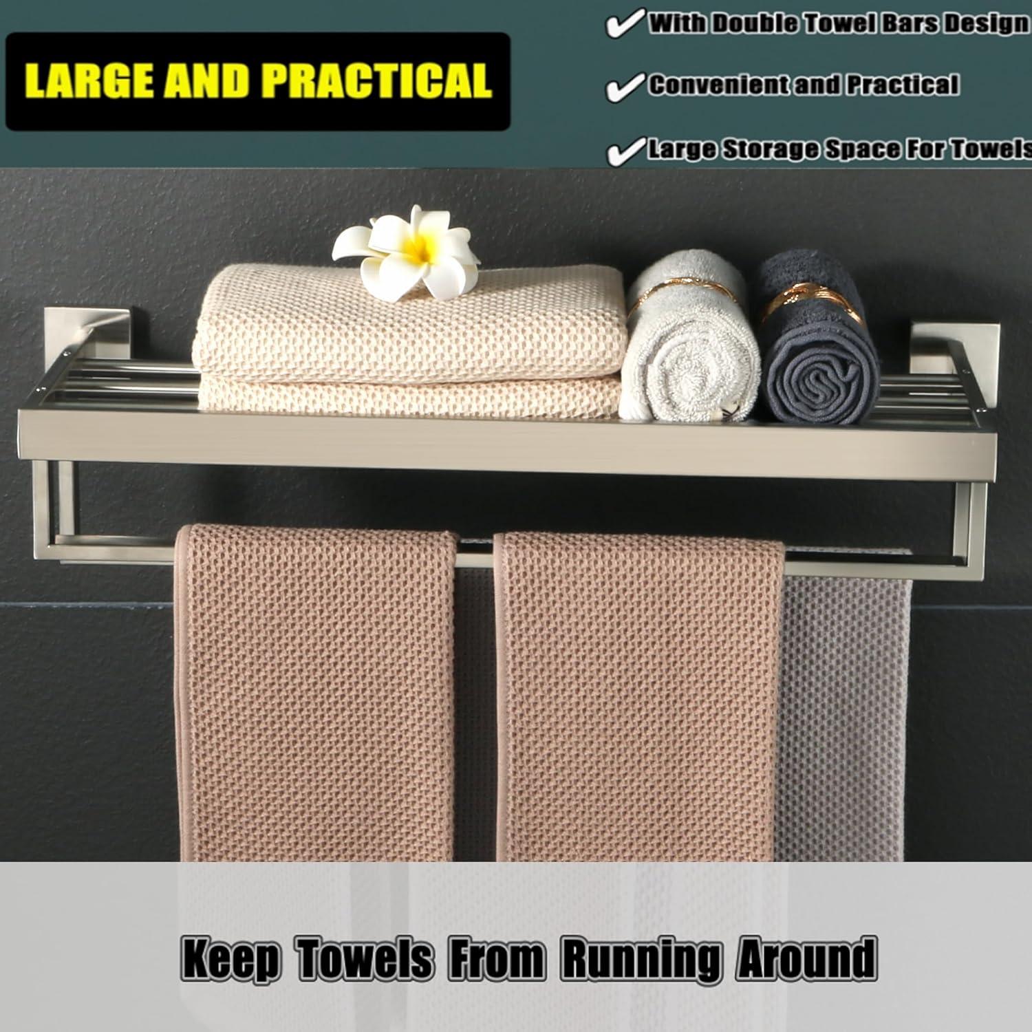 Alise Towel Rack with Double Towel Bar, 24 Inch Towel Racks for Bathroom, Modern Towel Holder for Bathroom Wall, SUS304 Stainless Steel Towel Shelf, Brushed Nickel