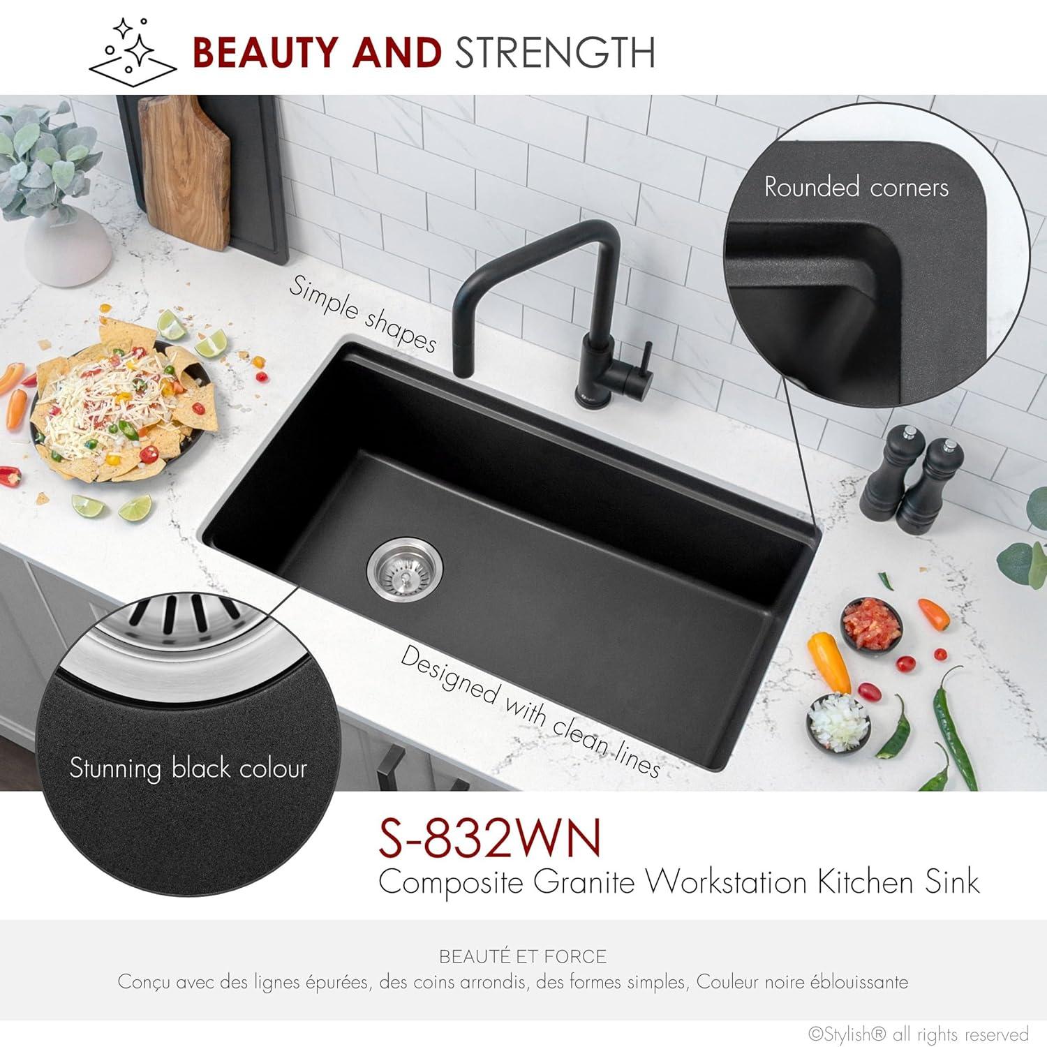 Black Granite Composite Single Bowl Drop-in Kitchen Sink with Accessories