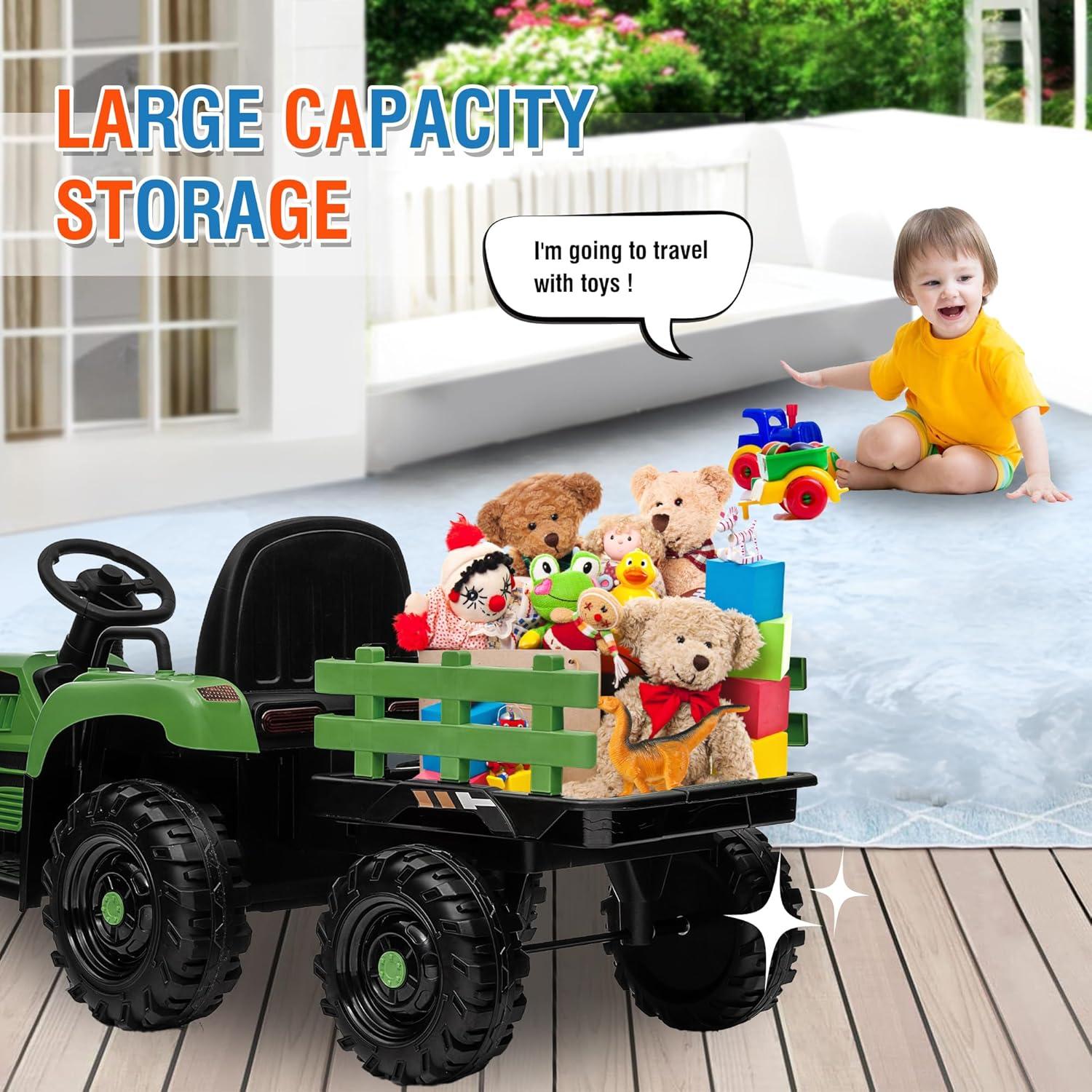 HNH 12V Ride on Tractor with Trailer,12V Battery Powered Electric Tractor Toy with Remote Control,Electric Car for Kids,Three Speed Adjustable,Power Display, Bluetooth,LED Light