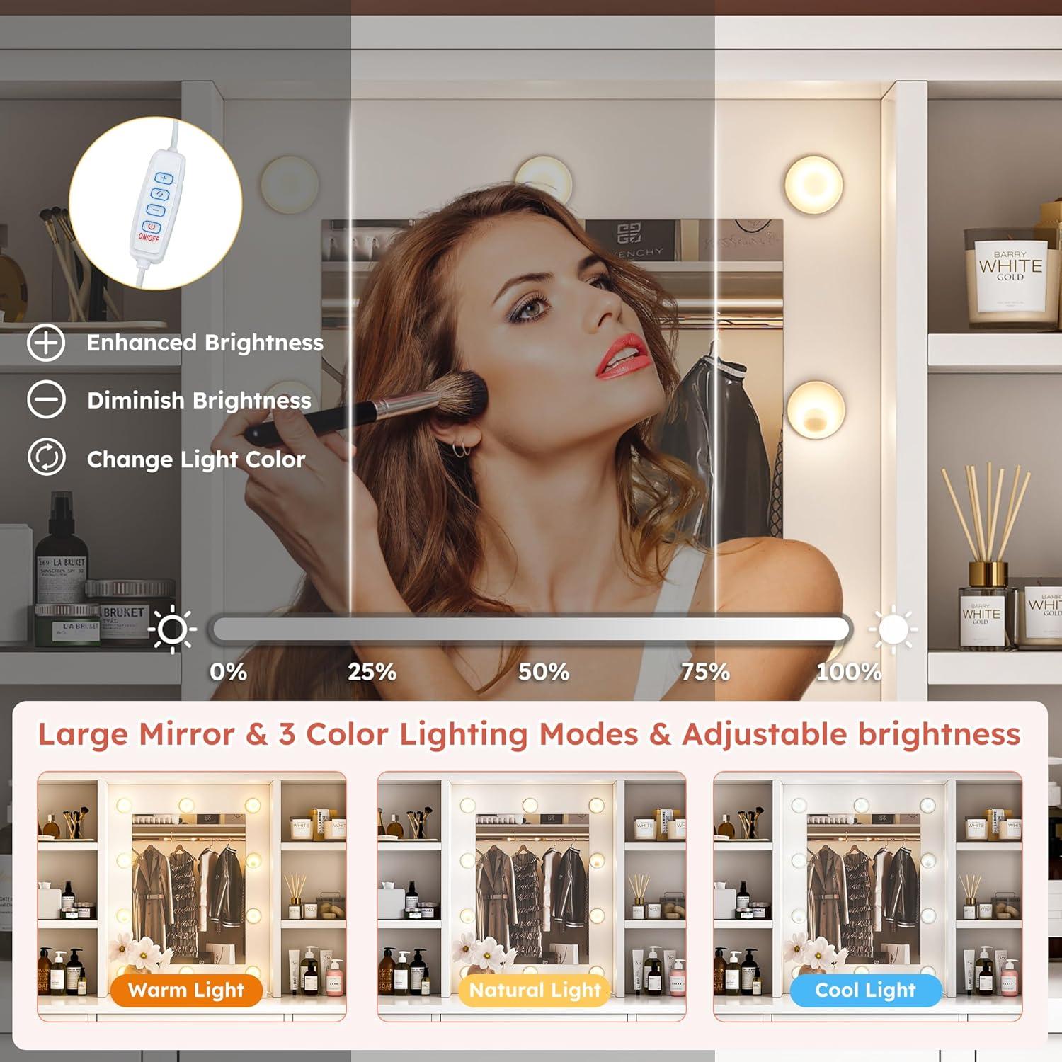 MONTARY Makeup Vanity Desk with Mirror and Lights, Dressing Table , White Vanity Table Set with 6 Drawers & Shelves & 4 Cabinets, 3 LED Lighting Modes Brightness Adjustable