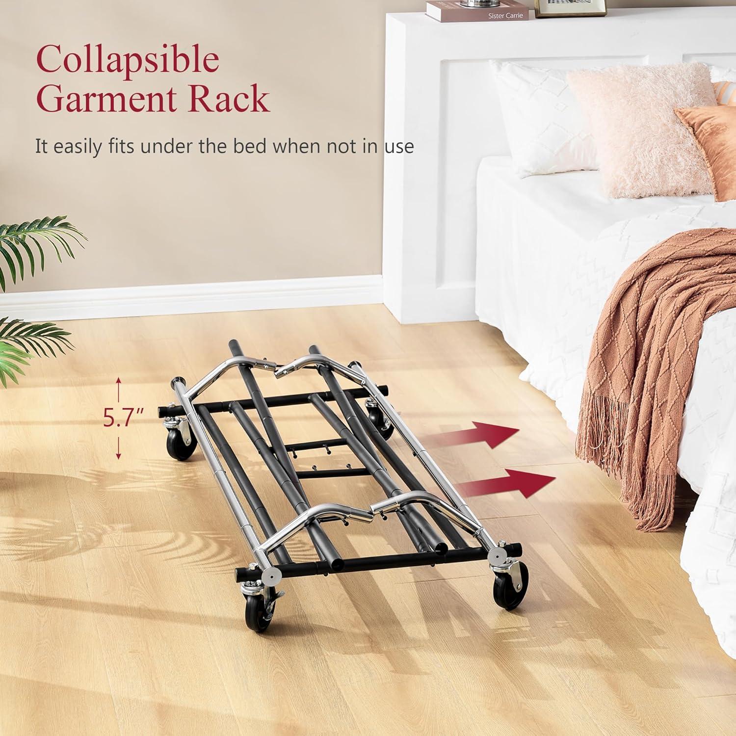 Clothes Rack Heavy Duty Rolling Garment Rack with Wheels and Extendable Double Rods, Collapsible Clothing Racks For Hanging Clothes, Adjustable Commercial Clothes Rack with Shelf, Black&Chrome