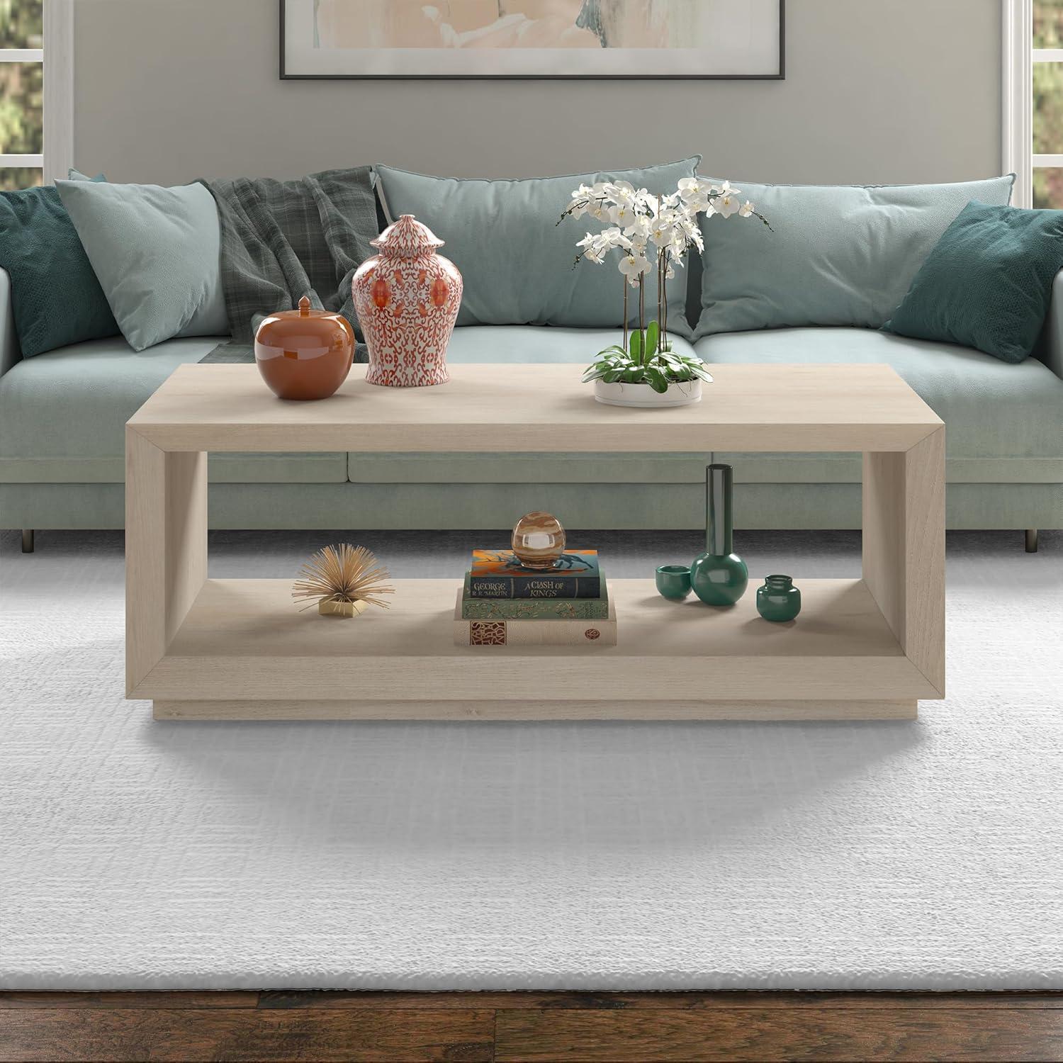 Alder White Rectangular Wood Coffee Table with Plinth Base