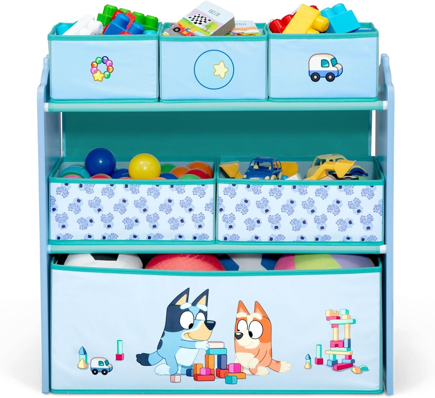 Bluey 6 Bin Wooden Toy Storage Organizer with Reusable Stickers