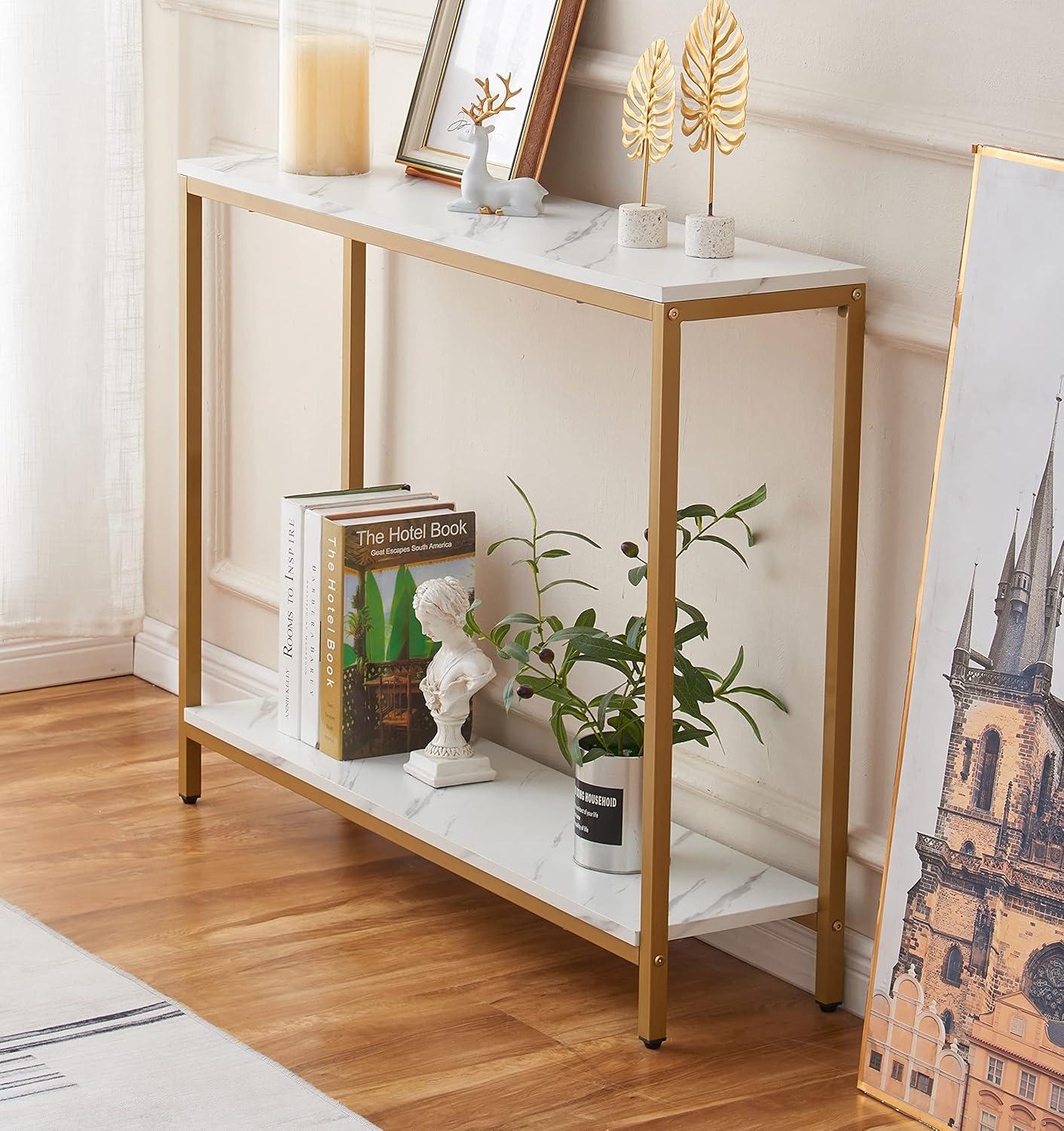 Console Table for Entryway, Faux Marble MDF Sofa Table with Golden Frame (Double Layer, White Marble)