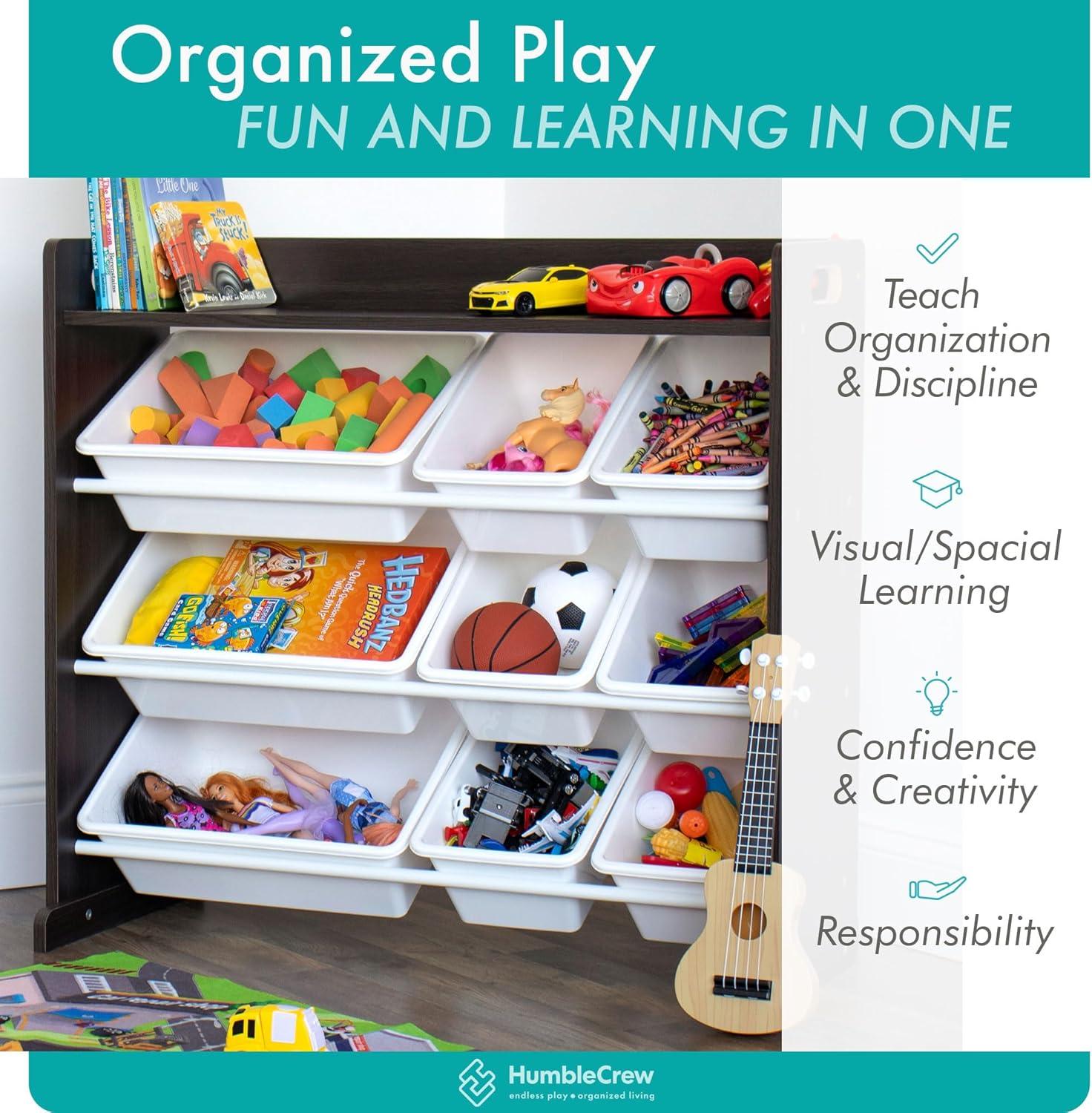 Humble Crew Espresso Toy Storage Organizer with Shelf and 9 Plastic Storage Bins, Espresso/White