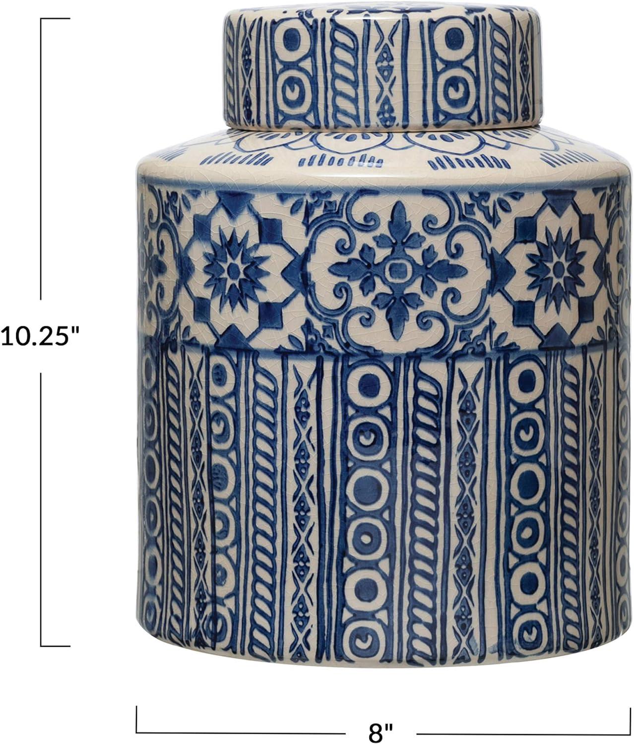 Elegant Blue & Cream Stoneware Ginger Jar, 8"W x 10.25"H