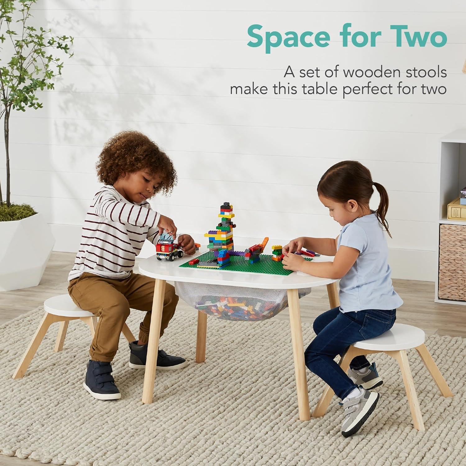 Best Choice Products 2-in-1 Kid's Building Block Table, Construction Activity Center w/ 2 Stools, Storage Compartment