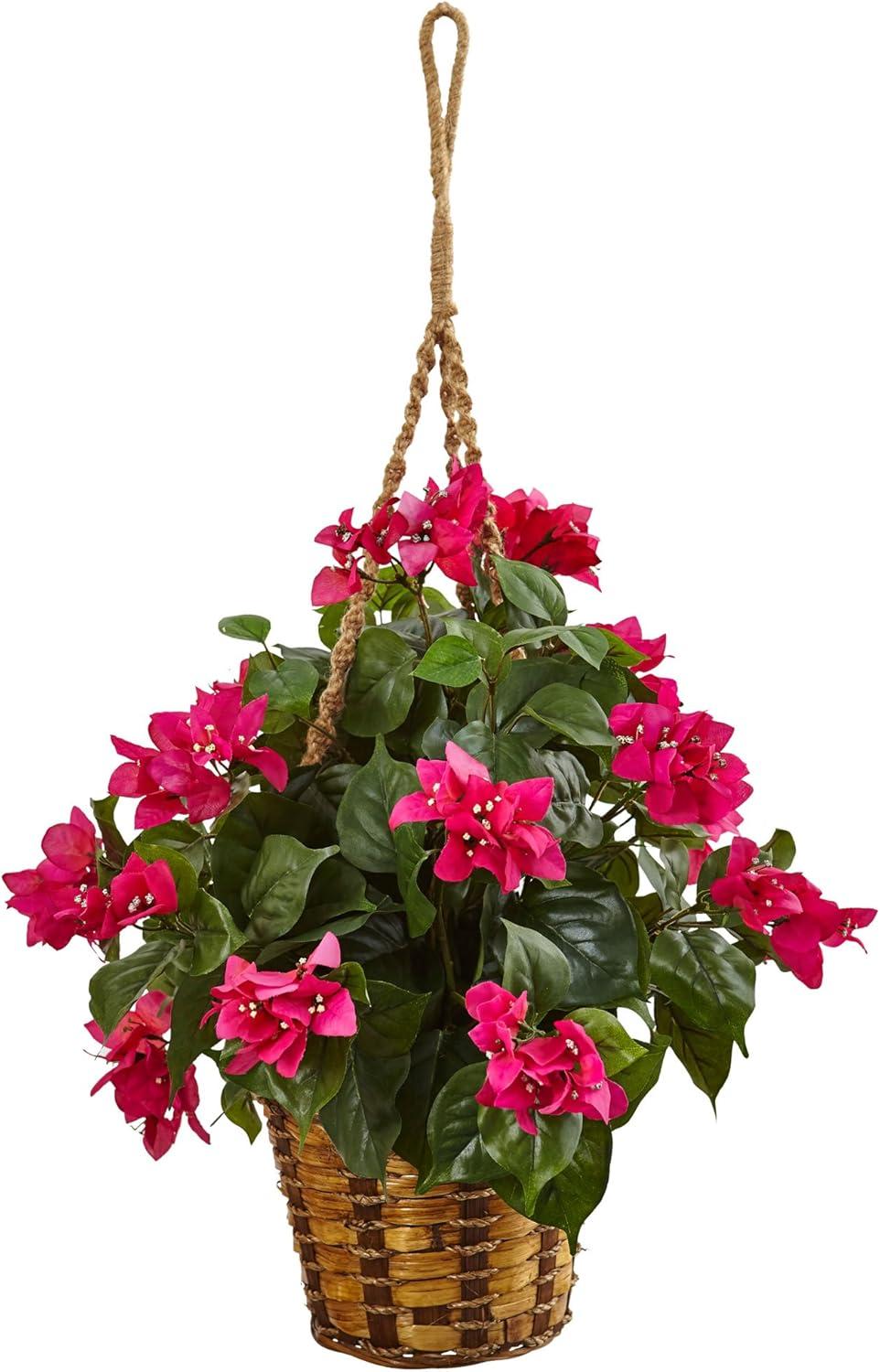 Vibrant Pink Bougainvillea Faux Plant in Woven Hanging Basket
