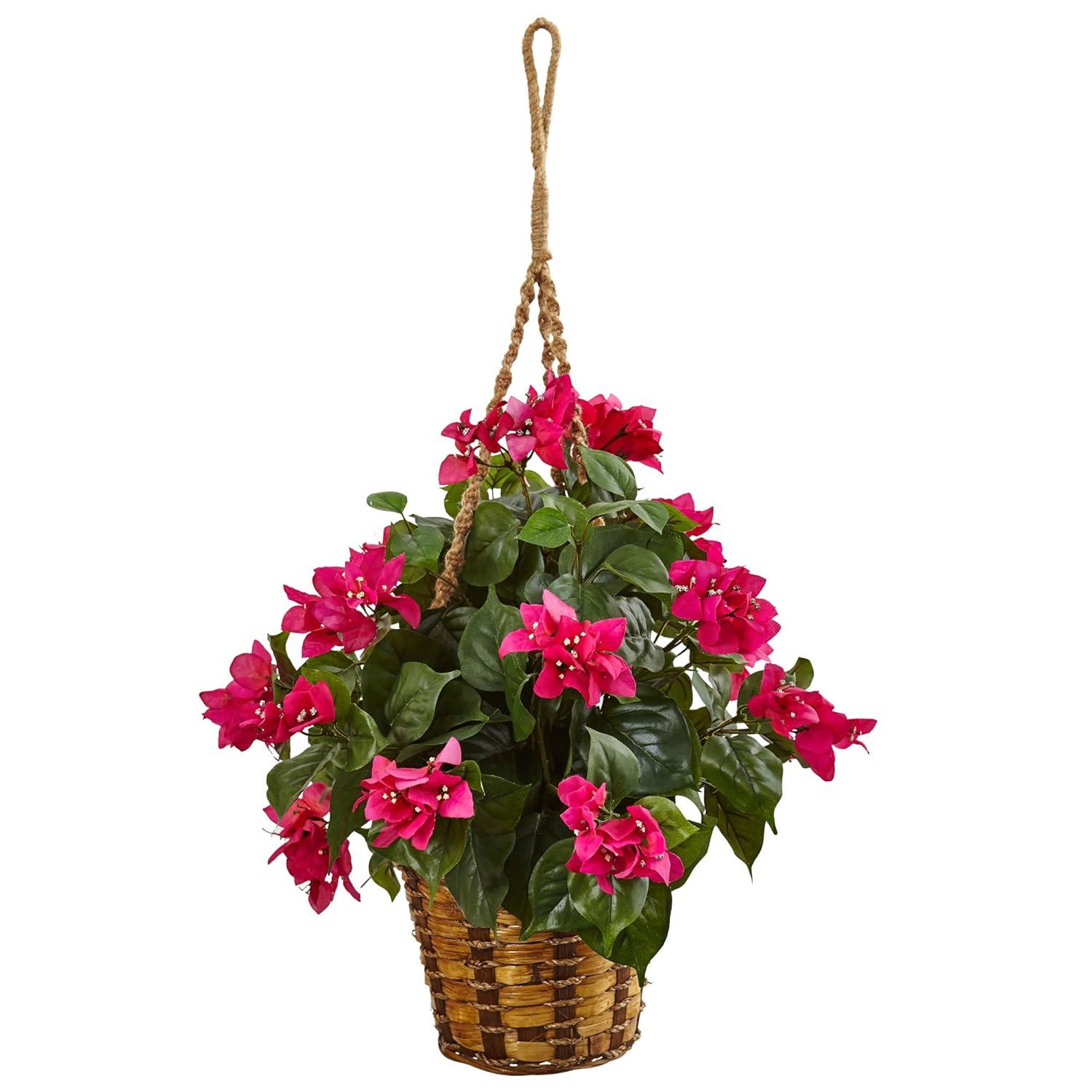Vibrant Pink Bougainvillea Faux Plant in Woven Hanging Basket