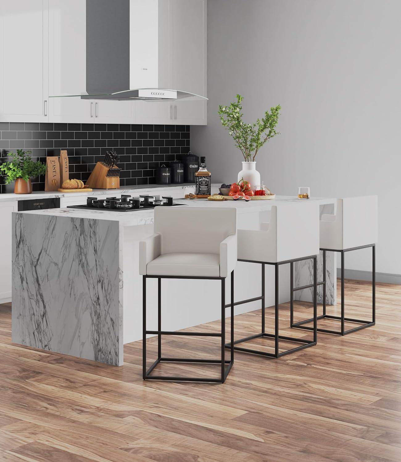 Manhattan Comfort Ambassador Metal Counter Height Barstool Cream: Upholstered, No Assembly, Faux Leather
