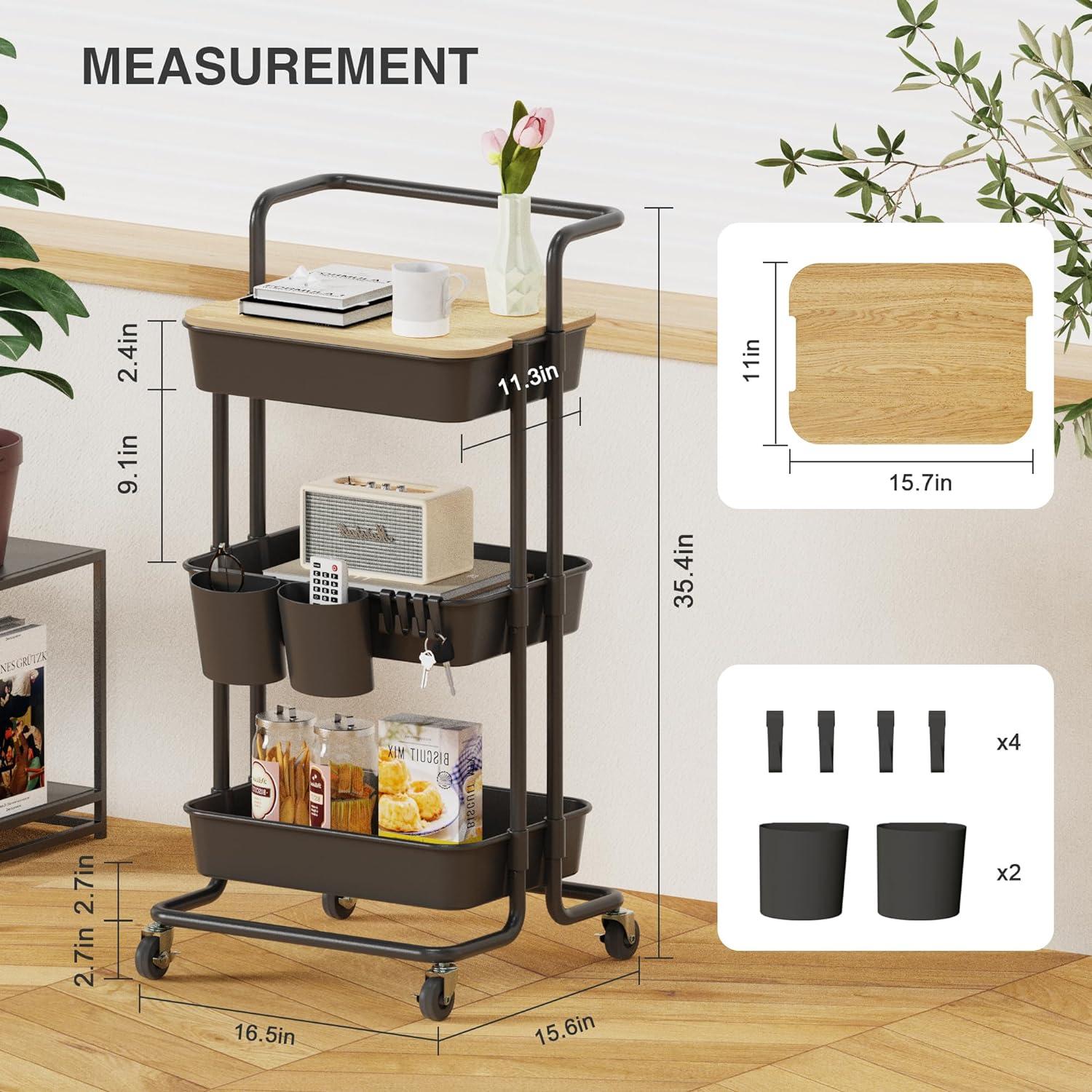 Black 3-Tier Rolling Utility Cart with Wood Cover