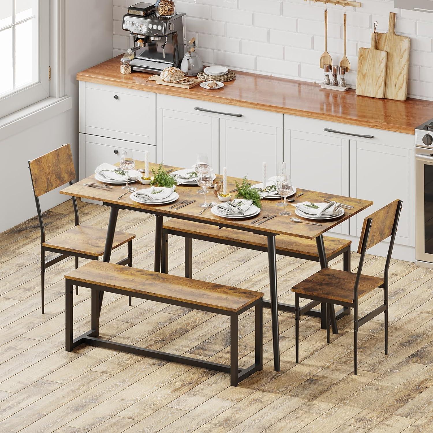 Linor 63" Extendable Dining Table Set for 4-6, 5-Piece Kitchen Table Set with 2 Chairs and 2 Benches, Dining Desk and Chairs for Home, Apartment, Rustic Brown