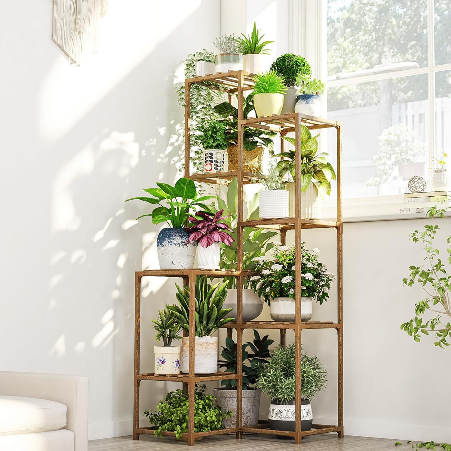 Tall Natural Wood 5-Tier Corner Plant Stand for Indoor and Outdoor Use