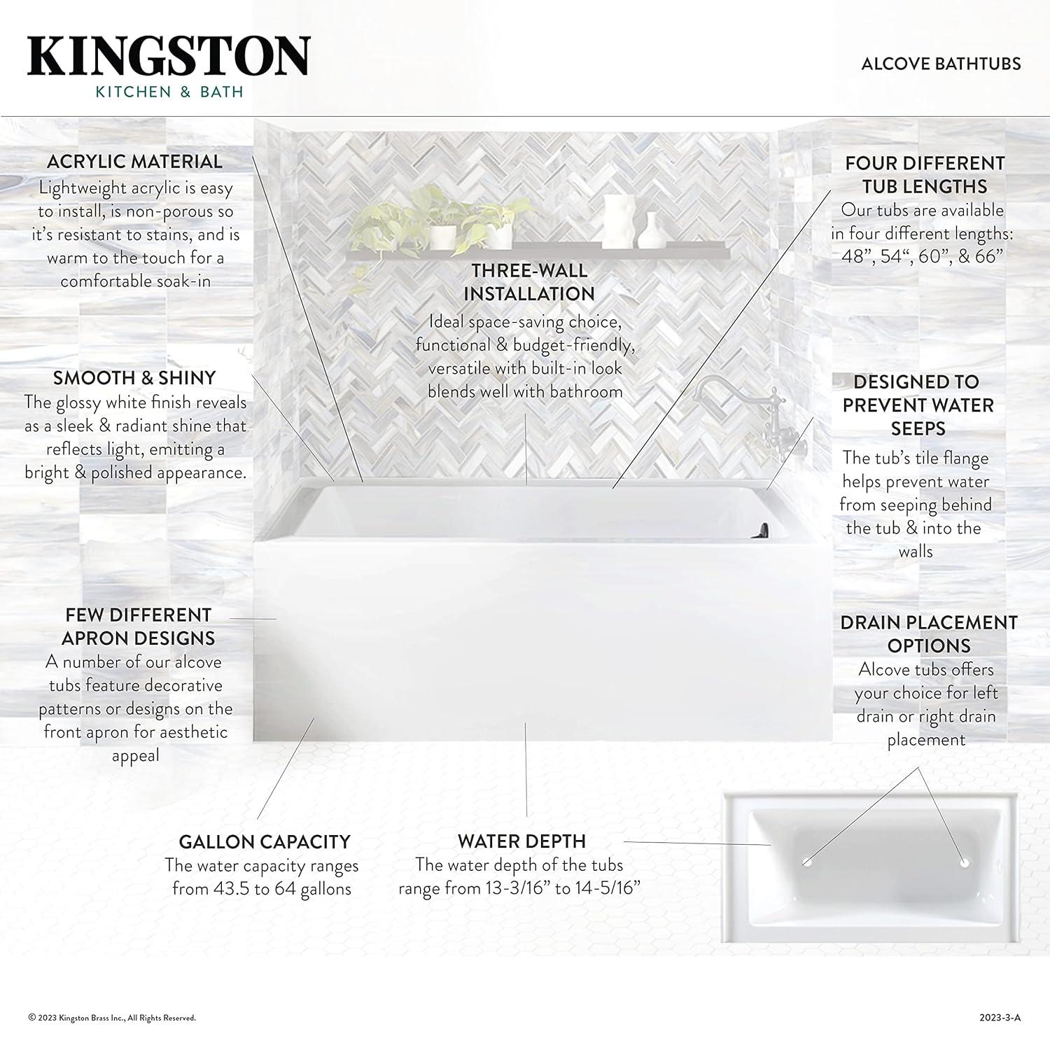 Kingston Brass Aqua Eden 60-Inch Acrylic Rectangular 3-Wall Alcove Tub with Anti-Skid Surface