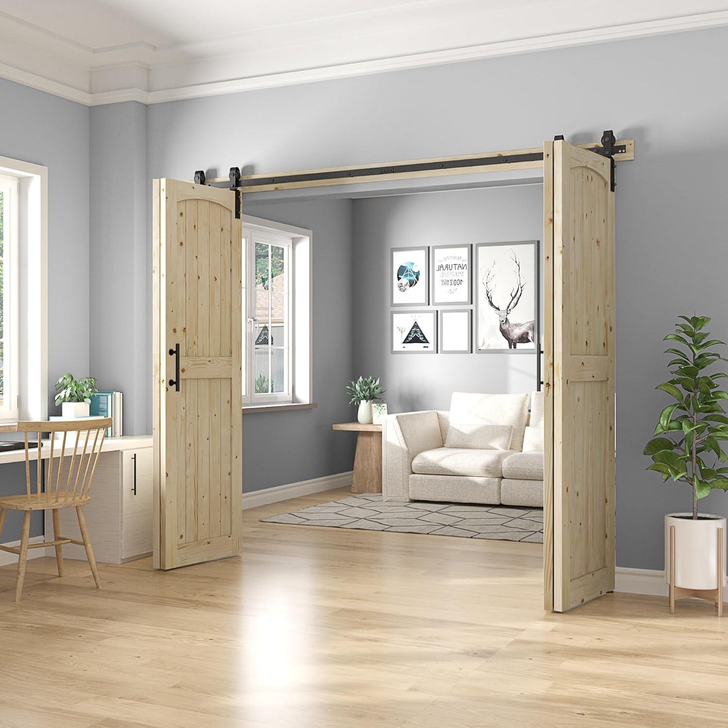 Assembled 84''H Arch Top Knotty Pine Wood Unfinished Double Bi-Fold Door With Hardware Kit