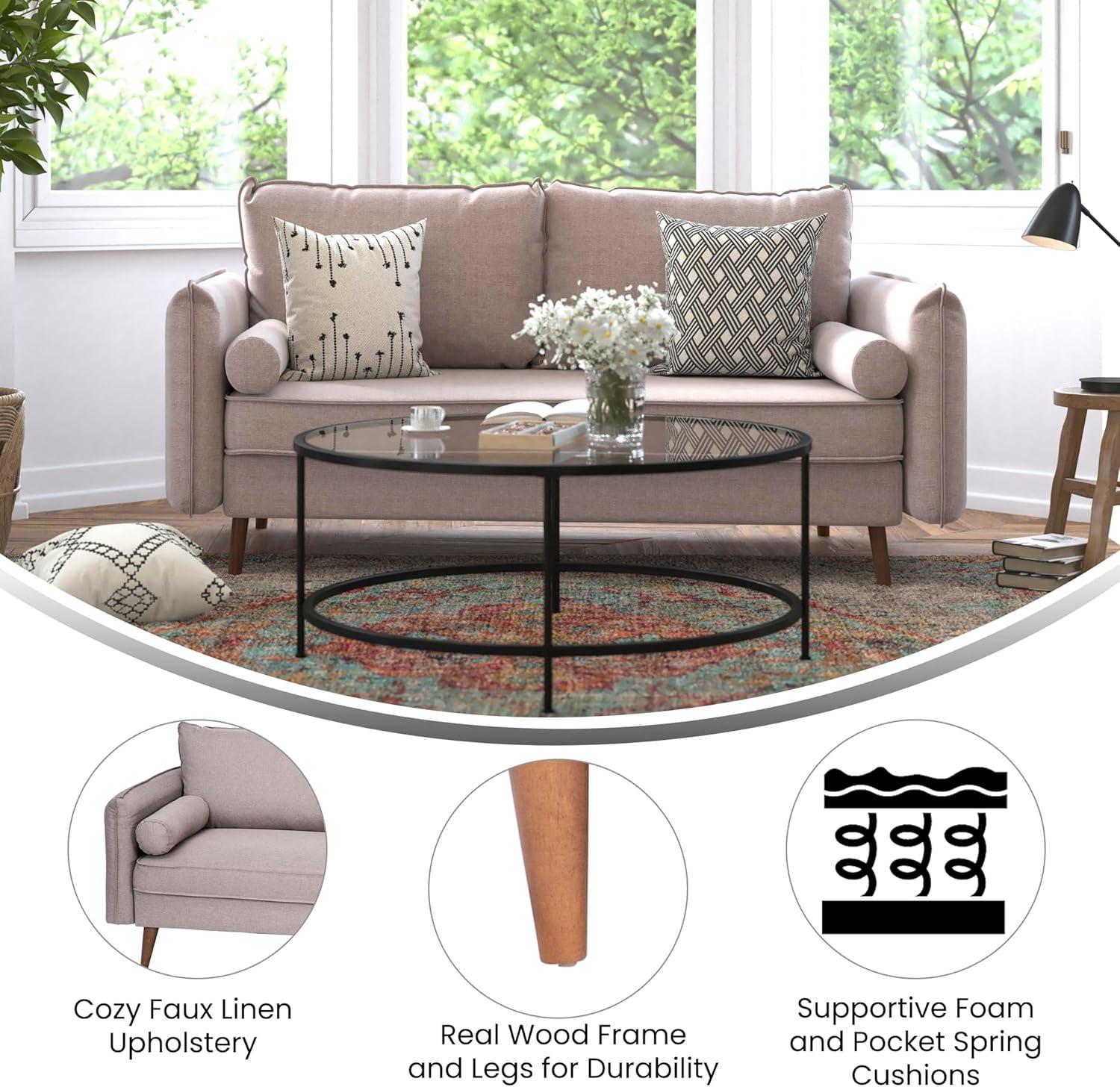 Flash Furniture Evie Mid-Century Modern Sofa with Faux Linen Fabric Upholstery & Solid Wood Legs in Taupe