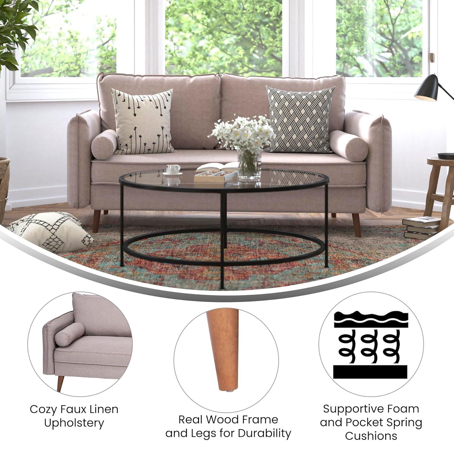 Flash Furniture Evie Mid-Century Modern Sofa with Faux Linen Fabric Upholstery & Solid Wood Legs in Taupe